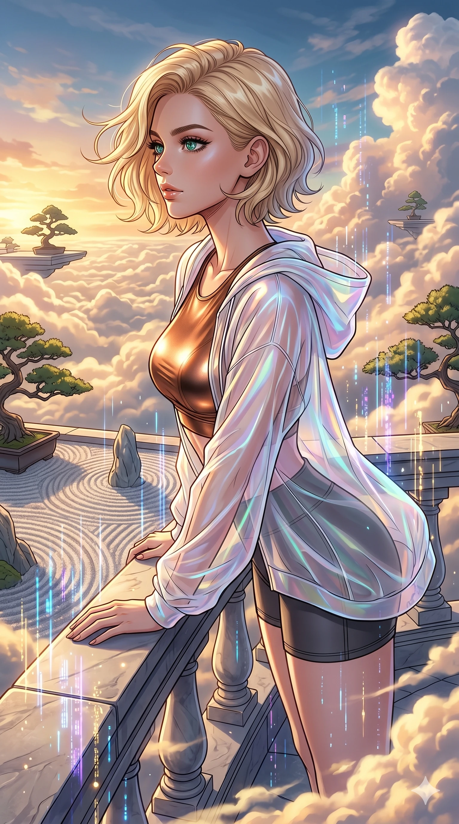 score_9, masterpiece, best quality, ultra-detailed, high-budget anime movie keyframe, cinematic anime lighting, intricate line art, Caucasian (strictly human ears) woman. Upper body filling screen focusing on her alluring features and slim-fit silhouette. navigating a sea of clouds in a floating zen garden with holographic rain. She has an absolutely perfect 8-heads proportion, an exceptionally tall and slender female figure with an ultra-slim waist and impossibly long slender legs. sharp v-shaped jawline, high-bridge nose, intricate jewel-like eyes, thick eyelashes, glossy lips. Wearing premium athleisure set with a metallic-finish compression top, high-cut yoga shorts that accentuate her long legs, and a sheer oversized hoodie. The scene is illuminated by dramatic atmospheric lighting and vibrant color palettes. , 2k, ultra detail, master piece, 9:16 ratio