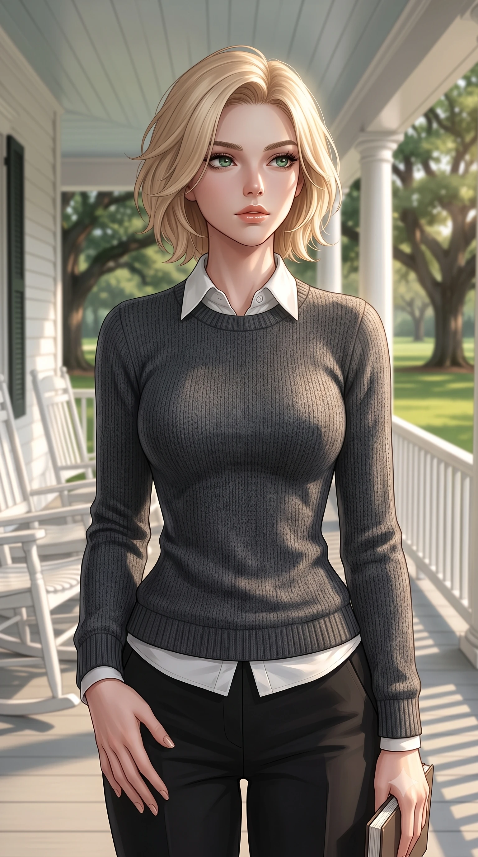 score_9, masterpiece, best quality, ultra-detailed, high-budget anime keyframe, editorial fashion photography, tasteful artistic composition, Caucasian woman woman. close-up cowboy shot from the waist and thighs up, the character dominates the composition, filling the frame with her large presence, background elements kept in soft focus. looking past the camera with a peaceful, thoughtful gaze, enjoying the warm sunlight the background shows a soft-focus a wide white veranda with rocking chairs, overlooking a large green lawn with oak trees. She has an exceptionally elegant, slender, and willowy female figure with an ultra-slim waist, a gracefully sculpted slender torso, and a refined silhouette. sharp v-shaped jawline, high-bridge nose, intricate jewel-like eyes with depth, thick eyelashes, glossy lips with a natural sheen. wearing a form-contouring cozy charcoal grey knit sweater over a white collared shirt and black slacks. soft late afternoon sunbeams casting a nostalgic, peaceful glow. 2k, ultra detail, master piece, 9:16 ratio