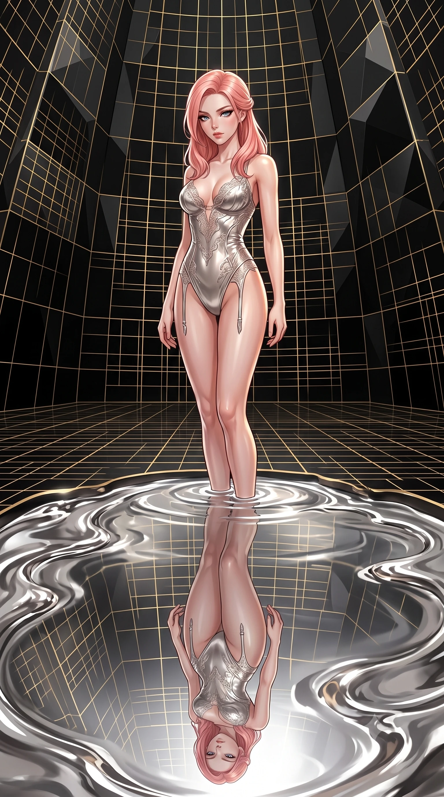 score_9, masterpiece, best quality, ultra-detailed, High-budget Anime Keyframe, East Asian woman. Low angle cowboy shot filling the entire 9:16 frame with her statuesque presence. Scenario 276: gazing at her reflection in a pool of liquid silver in a digital arena where gold gridlines project onto the black walls. Her presence is magnetic and overpowering in this high-budget anime scene. Outfit 276: a body-hugging molten liquid silk garter with a high-cut leg line and delicate lace embroidery. The clothing is designed to emphasize her exceptionally tall and slender 8-heads proportion. 8-heads proportion, towering silhouette, ultra-slim waist. sharp v-shaped jawline, intricate jewel-like eyes with depth, thick eyelashes, glossy lips. 2k, ultra detail, master piece, 9:16 ratio