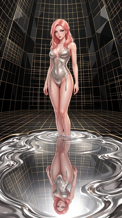 score_9, masterpiece, best quality, ultra-detailed, High-budget Anime Keyframe, East Asian woman. Low angle cowboy shot filling the entire 9:16 frame with her statuesque presence. Scenario 276: gazing at her reflection in a pool of liquid silver in a