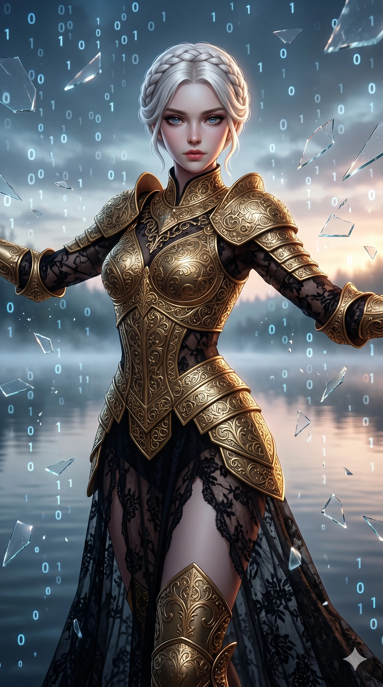 score_9, masterpiece, best quality, ultra-detailed, Set A: High-budget Anime Keyframe, Korean woman. Upper body close-up from the thighs up, character filling the screen for maximum presence. Dancing through a misty lakeside at dawn, while a digital blizzard of 169 bits obscures the horizon and surrounded by shattered glass fragments. She has an absolutely perfect 8-heads proportion, an exceptionally tall and slender female figure with impossibly long slender legs and an ultra-slim waist. Sharp v-shaped jawline, high-bridge nose, intricate jewel-like eyes with depth, thick eyelashes, glossy lips with a natural sheen. Wearing Ornate gold plate armor over a sheer black lace gown with a high-slit. Cinematic lighting, vibrant colors, dramatic shadows, 2k, ultra detail, master piece, 9:16 ratio