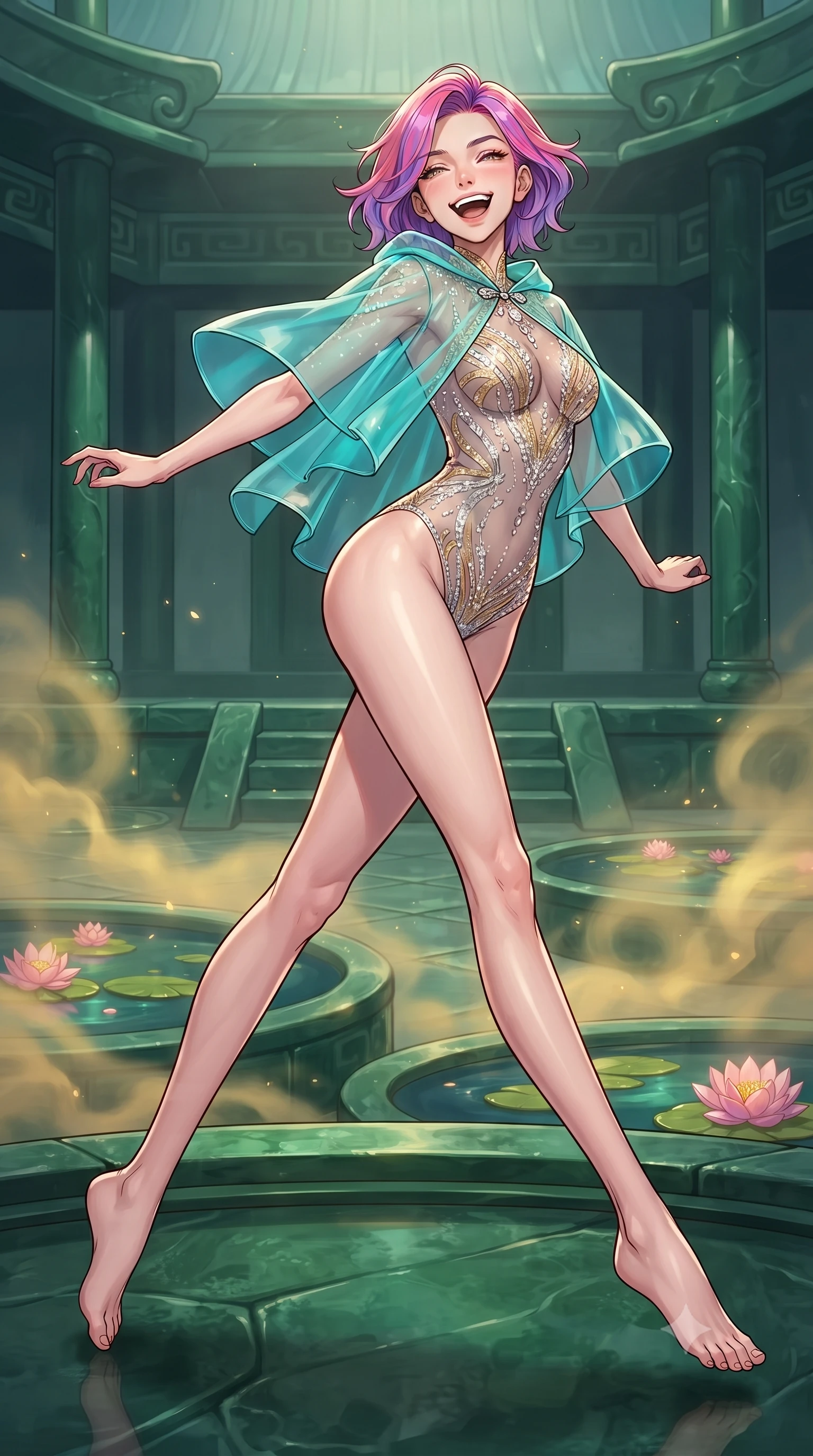 score_9, masterpiece, best quality, ultra-detailed, high-budget anime keyframe, editorial fashion photography, tasteful artistic composition, gorgeous anime illustration, with clean line-art, distinct ink outlines, and high-contrast stereoscopic depth, Caucasian woman, strictly human ears. low angle full-body shot from head to toe showing her feet, filling the entire 9:16 vertical frame with her statuesque presence, stretching her vertical silhouette. vaulting dynamically with an energetic laugh through in a mythical courtyard built of dark green jade stone, with floating pink lotus blossoms in ornamental ponds and golden fog drifting above the water. She has a statuesque 8.5-heads proportion, an exceptionally tall, slender and willowy model-like build with impossibly long legs and a highly sculpted ultra-slim waist. sharp v-shaped jawline, high-bridge nose, intricate jewel-like eyes with depth, thick eyelashes, glossy lips with a natural sheen. wearing a crystal-embellished sheer bodysuit in gold and silver, under a short transparent turquoise organza cape. soft glowing ambient light with sharp side key light tracing the sleek contours of her figure. 2k, ultra detail, master piece, 9:16 ratio, highly saturated vibrant anime colors, detailed cel-shading with soft gradients, rich glossy textures, deep contrast, volumetric dynamic lighting, 2d animation style