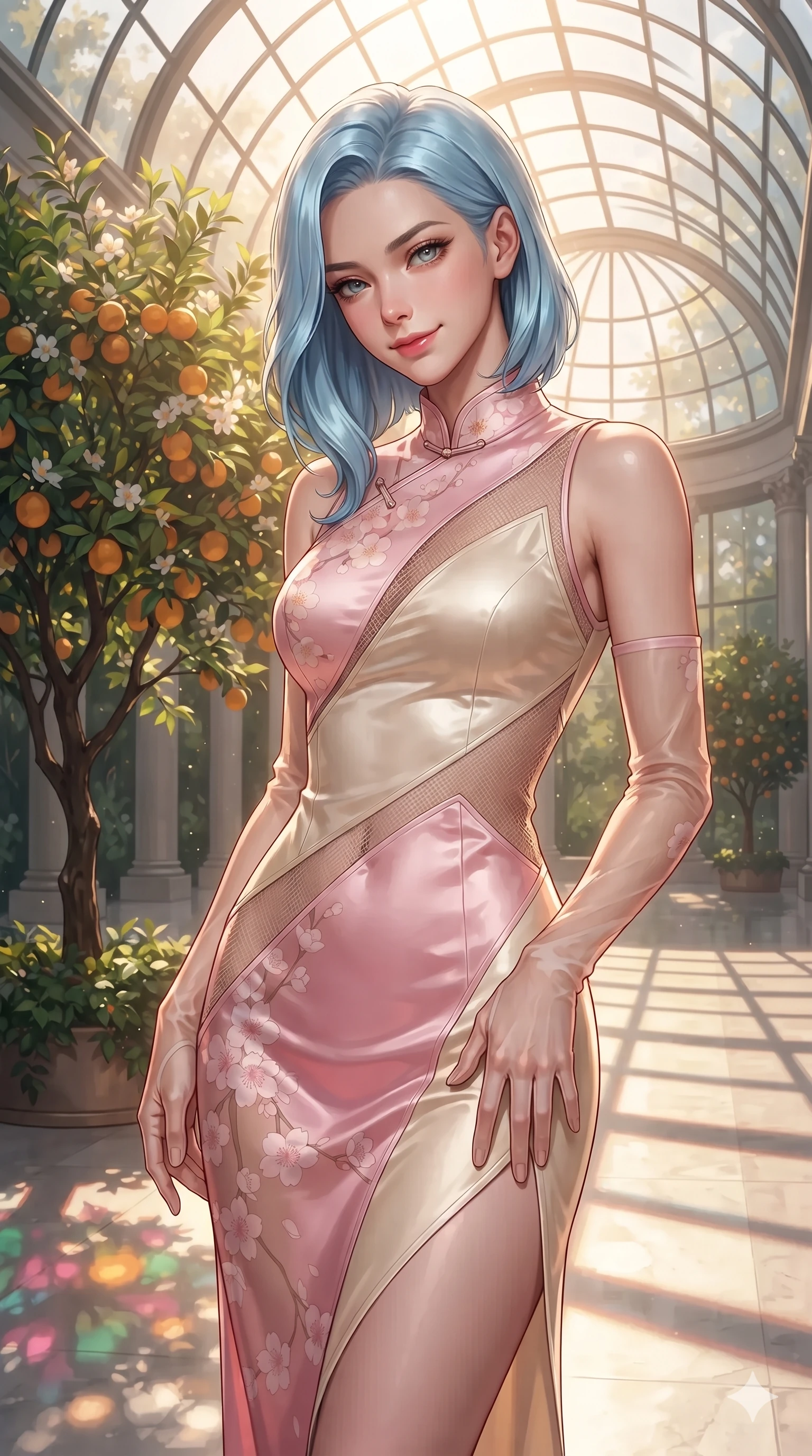 score_9, masterpiece, best quality, ultra-detailed, high-budget anime keyframe, editorial fashion photography, tasteful artistic composition, Korean woman. close-up cowboy shot from the waist and thighs up, the character dominates the composition, filling the frame with her large presence. tilting her head with a teasing half-smile, running one hand slowly down the side of her hip in a flirtatious S-curve as ambient light caresses her silhouette while standing poised beneath the soaring curved glass ceiling beside a flowering citrus tree, arching her spine with ethereal siren poise as afternoon sunbeams lance through glass panes. The surrounding environment is rendered in vivid detail and crisp panoramic clarity: sharp marble bust facial carvings, waxy green citrus leaves, and crisp wrought-iron window frames in deep focus. She has an exceptionally elegant, slender, and willowy female figure with an ultra-slim waist, flat toned midriff, narrow ribcage, and sculpted feminine hips creating an alluring, slim hourglass silhouette without bulk. sharp v-shaped jawline, high-bridge nose, intricate jewel-like sparkling eyes with depth, thick eyelashes, glossy parted lips with a natural sheen, intensely captivating and seductive bedroom-eyes expression, exuding both youthful cute charm and sovereign luxury allure, flawlessly proportioned anatomical accuracy, strict slender model proportions, natural body alignment, perfectly sculpted long slender limbs, ultra-slim waistline, clean dynamic posture without body distortion. wearing a wet-look silk fusion wrap dress with asymmetrical sheer mesh cutouts and high Mandarin collar in sakura blossom pink and warm ivory, made of fluid liquid jersey with seamless sculpting hold and smooth contours, complemented by sheer opera-length evening gloves tracing her slender arms, the glove-like clinging cut tightly following the natural contour of her hips and long slender legs with youthful 8.5-heads elegance. illuminated by polished limestone floor reflections and sharp emerald-gold rim lights sculpting her razor-sharp jawline, narrow waist, and curvy hips. ultra-reflective glossy finish, specular highlights, rich textural contrasts, high-contrast stereoscopic depth, volumetric dynamic lighting, 2k, ultra detail, master piece, 9:16 ratio