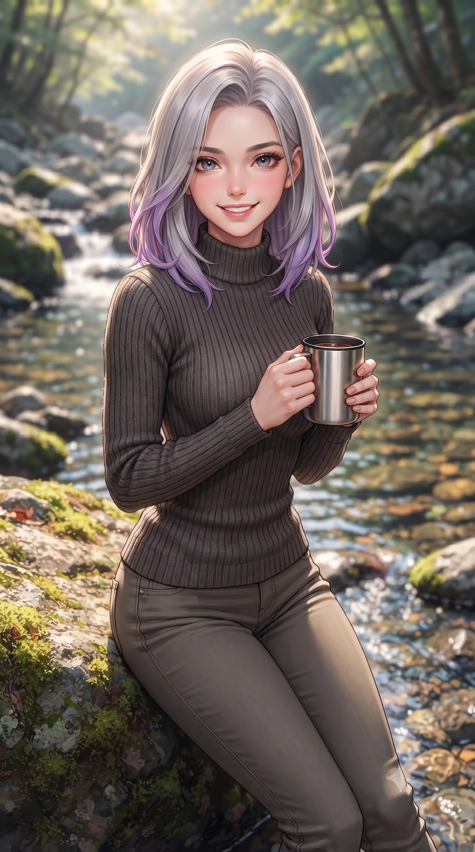 score_9, masterpiece, best quality, ultra-detailed, high-budget anime keyframe, editorial fashion photography, tasteful artistic composition, Caucasian woman. close-up cowboy shot from the waist and thighs up, the character dominates the composition, filling the frame with her large presence, background elements kept in soft focus. smiling with cute and bright self-assurance, looking directly at the viewer set against a soft-focus background of next to a rocky creek with clear mountain water running over pebbles holding a thermos mug of warm tea, smiling cozy at the camera. She has an exceptionally elegant, slender, and willowy female figure with an ultra-slim waist, a gracefully sculpted slender torso, and a refined silhouette. sharp v-shaped jawline, high-bridge nose, intricate jewel-like eyes with depth, thick eyelashes, glossy lips with a natural sheen. wearing body-hugging body-hugging ribbed knit sweater in charcoal, paired with slim-fit trousers. soft afternoon sunlight reflecting off the wet rocks and water pool. highly saturated vibrant anime colors, detailed shading with soft gradients, rich glossy textures, high-contrast stereoscopic depth, volumetric dynamic lighting, master piece, 9:16 ratio