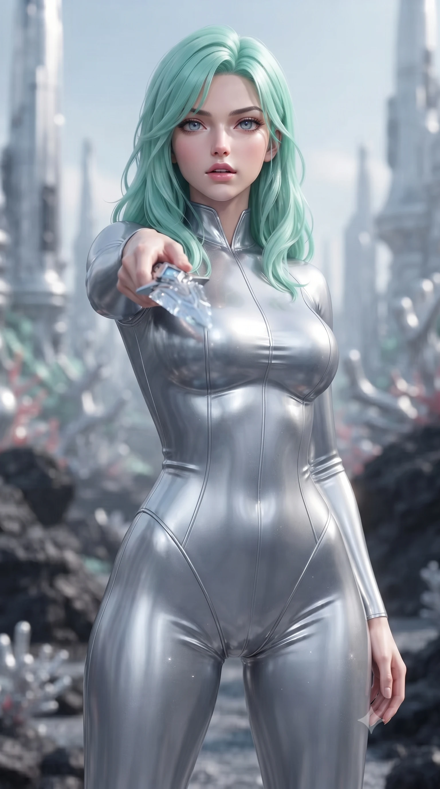 score_9, masterpiece, best quality, ultra-detailed, high-budget anime keyframe, editorial fashion photography, tasteful artistic composition, Japanese woman. close-up cowboy shot from the waist and thighs up, the character dominates the composition, filling the frame with her large presence, background elements kept in soft focus. pointing a crystal-edged laser dagger forward in a defensive stance, tilting her chin up slightly with lips parted in a composed pose, the background shows a soft-focus a mercury coral forest with towering silver structures and black volcanic rock. She has an exceptionally elegant, slender, and willowy female figure with an ultra-slim waist, a gracefully sculpted slender torso, and a refined silhouette. sharp v-shaped jawline, high-bridge nose, intricate jewel-like eyes with depth, thick eyelashes, glossy lips with a natural sheen. wearing a slim-fit form-contouring liquid silver space flight under-suit, contouring her athletic, slender build. soft indigo starlight wrapping her form in a cool, specular glaze. ultra-reflective glossy finish, specular highlights, metallic sheen, high-contrast stereoscopic depth, volumetric dynamic lighting, 2k, ultra detail, master piece, 9:16 ratio