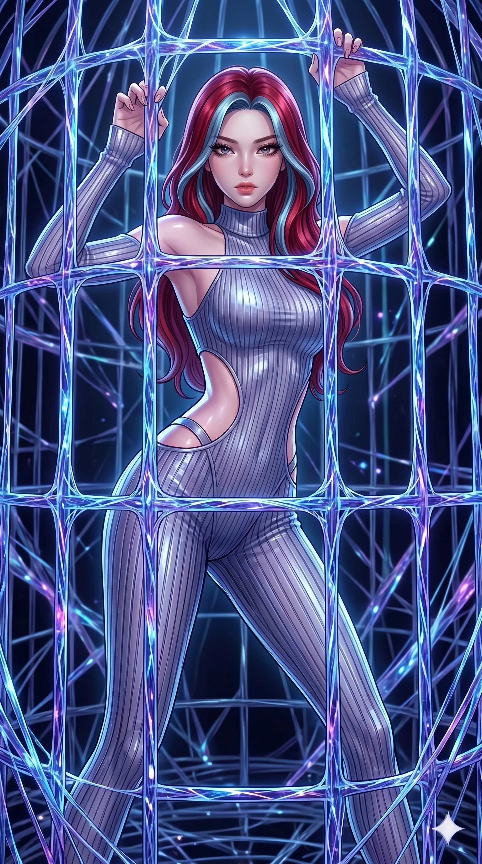 score_9, masterpiece, best quality, ultra-detailed, High-budget Anime Keyframe, East Asian woman. Dynamic full-body shot stretching the vertical silhouette to the limit. Scenario 242: Trapped in a cage of glowing crystalline fibers, body pressing against the bars. Her presence is magnetic and overpowering in this high-budget anime scene. Outfit 242: A ribbed bodycon knit second with a strategic side cut-outs and wet-look texture. The clothing is designed to emphasize her exceptionally tall and slender 8-heads proportion. 8-heads proportion, towering silhouette, ultra-slim waist. sharp v-shaped jawline, intricate jewel-like eyes with depth, thick eyelashes, glossy lips. 2k, ultra detail, master piece, 9:16 ratio