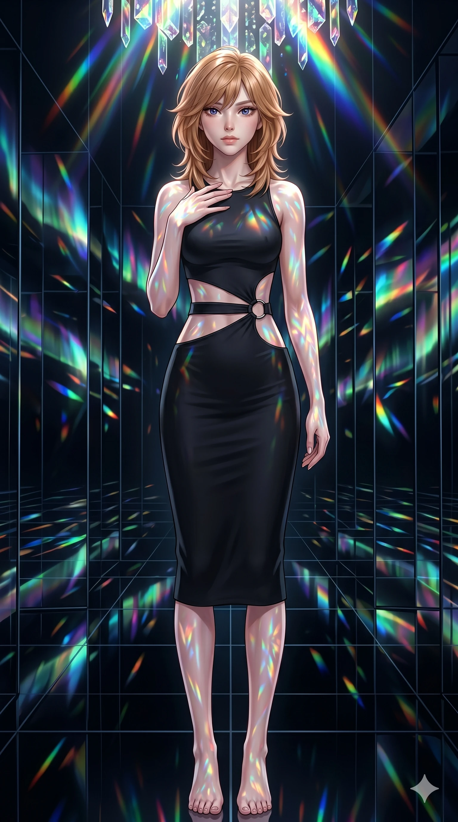score_9, masterpiece, best quality, ultra-detailed, high-budget anime keyframe, editorial fashion photography, tasteful artistic composition, Korean woman. cowboy shot from the thighs up, character and outfit filling the frame for maximum editorial presence. Pressing one hand lightly to her collarbone in a composed gesture inside an infinite obsidian mirror hall reflecting fractured aurora borealis patterns. She has an absolutely perfect 8-heads proportion, an exceptionally tall and slender female figure with impossibly long slender legs and an ultra-slim waist. V-shaped jawline, high-bridge nose, intricate jewel-like eyes with depth, thick eyelashes, glossy lips with a natural sheen. wearing a precision matte black bodycon midi dress with strategic architectural cutouts at the waist and side torso framed by clean chrome ring hardware, perfectly fitted to her slender form. illuminated by cascading rainbow prismatic light refracting through crystal overhead and casting patterns on her skin. 2k, ultra detail, master piece, 9:16 ratio