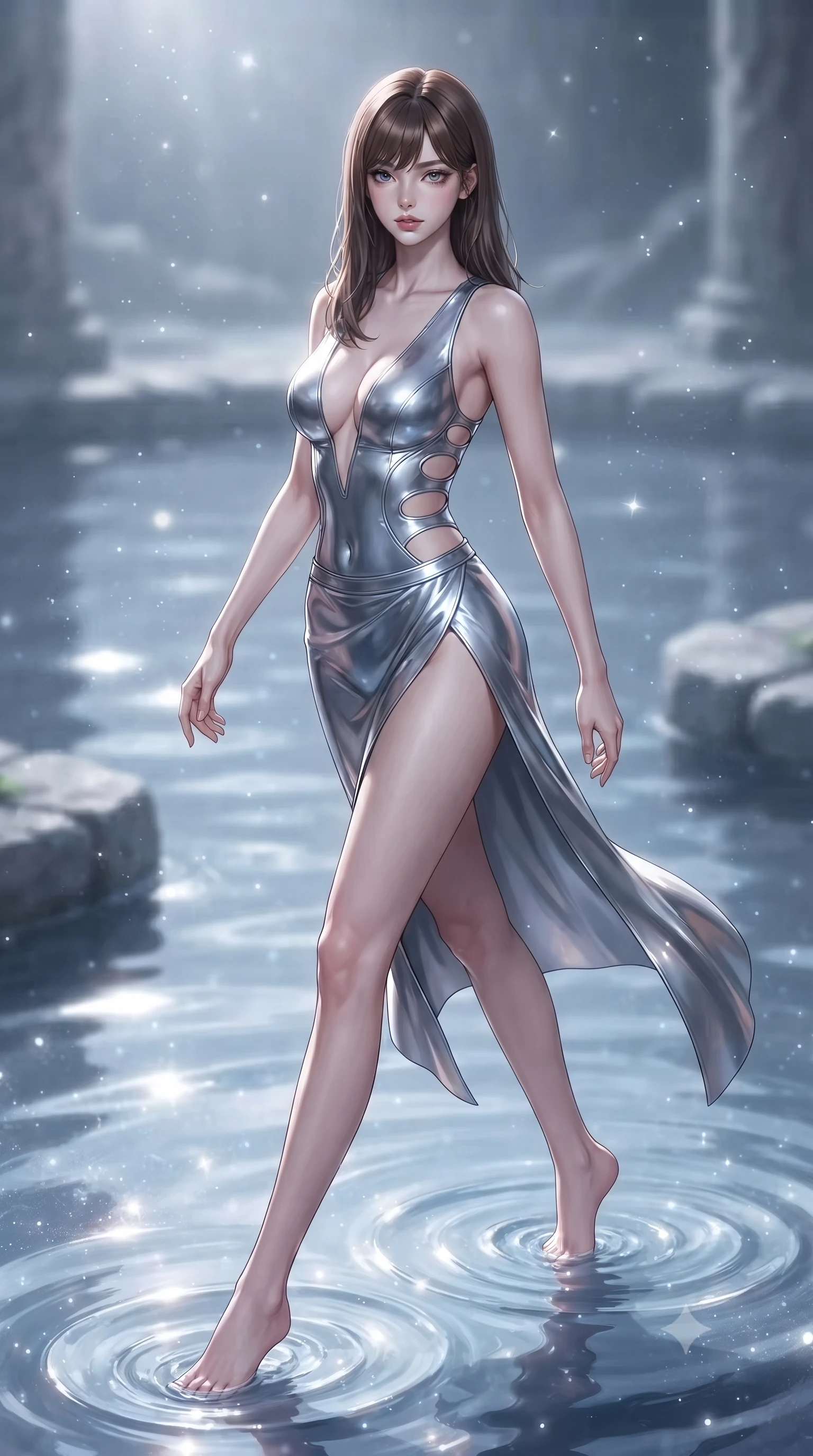 score_9, masterpiece, best quality, ultra-detailed, high-budget anime keyframe, editorial fashion photography, tasteful artistic composition, Korean woman. low angle full-body shot from head to toe showing her feet, filling the entire 9:16 vertical frame with her statuesque presence, stretching her vertical silhouette. stepping gracefully through floating stardust particles, her body-contouring suit showing her athletic, slender silhouette, the background shows a soft-focus a quiet sanctuary of stilled-water pools where ripples never disappear. She has an absolutely perfect, statuesque 8.5-heads proportion, an exceptionally tall and slender model-like female figure with impossibly long slender legs and an ultra-slim waist. sharp v-shaped jawline, high-bridge nose, intricate jewel-like eyes with depth, thick eyelashes, glossy lips with a natural sheen. wearing a body-hugging deep plunging-V neck bodycon armor top, featuring keyhole cutouts along the ribs and a thigh-slit wrap skirt. soft starlight reflecting on the perfectly frozen water surface. ultra-reflective glossy finish, specular highlights, metallic sheen, high-contrast stereoscopic depth, volumetric dynamic lighting, 2k, ultra detail, master piece, 9:16 ratio