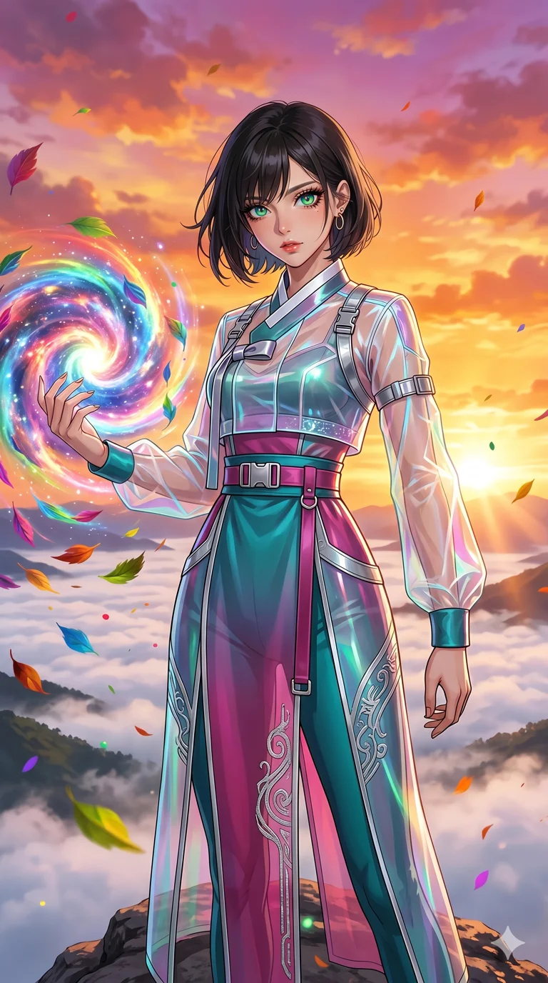 score_9, masterpiece, best quality, ultra-detailed, High-budget Anime Keyframe, beautiful Japanese anime girl. Upper body close-up from the thighs up, character filling the screen for maximum presence. Standing on a mountain peak as the sun rises over a vast valley of white mist. She has an absolutely perfect 8-heads proportion, an exceptionally tall and slender female figure with impossibly long slender legs and an ultra-slim waist. Sharp v-shaped jawline, high-bridge nose, intricate jewel-like eyes with depth, thick eyelashes, glossy lips with a natural sheen. Wearing a Modern Traditional outfit: tech-hanbok with transparent panels and metallic silver straps. Background is a bright and colorful sky with orange and gold clouds and a vast valley of white mist. 2k, ultra detail, master piece, 9:16 ratio