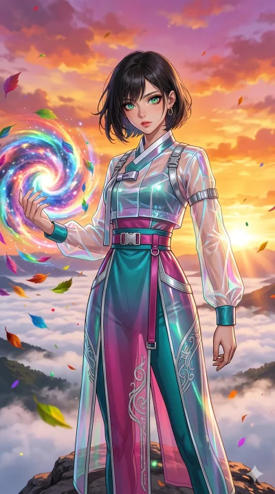 score_9, masterpiece, best quality, ultra-detailed, High-budget Anime Keyframe, beautiful Japanese anime girl. Upper body close-up from the thighs up, character filling the screen for maximum presence. Standing on a mountain peak as the sun rises ove
