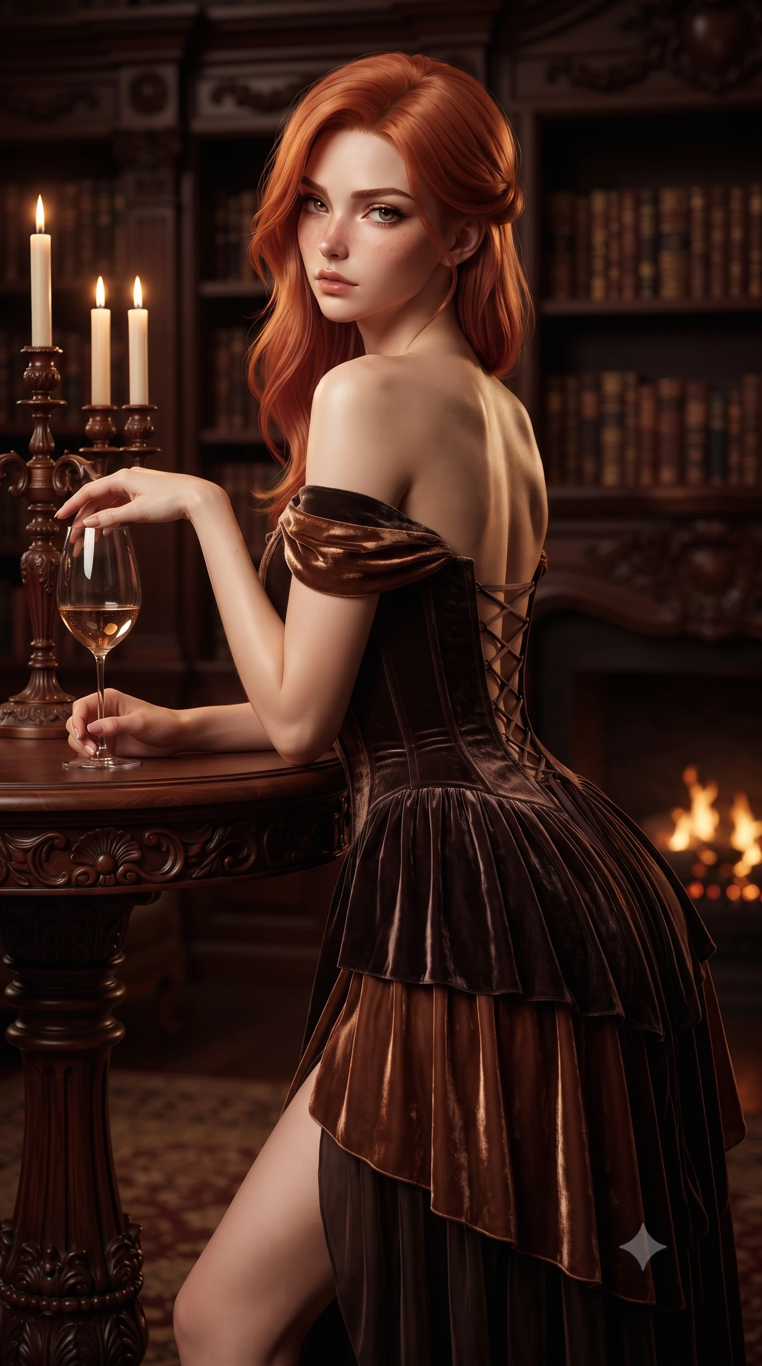 score_9, masterpiece, best quality, ultra-detailed, high-budget anime keyframe, editorial fashion photography, tasteful artistic composition, Japanese woman. close-up cowboy shot from the waist and thighs up, the character dominates the composition, filling the frame with her large presence. leaning back with relaxed seductive grace, her sculpted collarbones highlighted by light, casting smoldering bedroom-eyes directly into the lens while standing poised beside the grand candelabra table, slowly running one manicured finger along the rim of her wine glass. The composition keeps background elements in soft focus with creamy bokeh. towering carved mahogany bookshelves and dancing fireplace embers blurred into rich burgundy, amber, and whiskey-gold bokeh. She has an exceptionally elegant, slender, and willowy female figure with an ultra-slim waist, a gracefully sculpted slender torso, toned flat midriff, and a refined slim silhouette. sharp v-shaped jawline, high-bridge nose, intricate jewel-like eyes with depth, thick eyelashes, glossy parted lips with a natural sheen, intensely captivating and seductive expression, flawlessly proportioned anatomical accuracy, strict slender model proportions, natural body alignment, perfectly sculpted long slender limbs, ultra-slim waistline, clean dynamic posture without body distortion. wearing an off-shoulder Victorian corset bodice dress paired with a tiered gathered chiffon slit skirt in shadowy espresso brown and molten bronze, crafted from heavyweight crushed silk velvet with liquid luster, accented with criss-cross corset back lacing highlighting her graceful shoulder blades, the dramatically scooped open back descending to the base of her spine, accentuating her razor-sharp statuesque lines and slim hourglass silhouette. surrounded by an opulent, intimate, and irresistibly hypnotic dark romance aura. ultra-reflective glossy finish, specular highlights, rich textural contrasts, high-contrast stereoscopic depth, volumetric dynamic lighting, 2k, ultra detail, master piece, 9:16 ratio