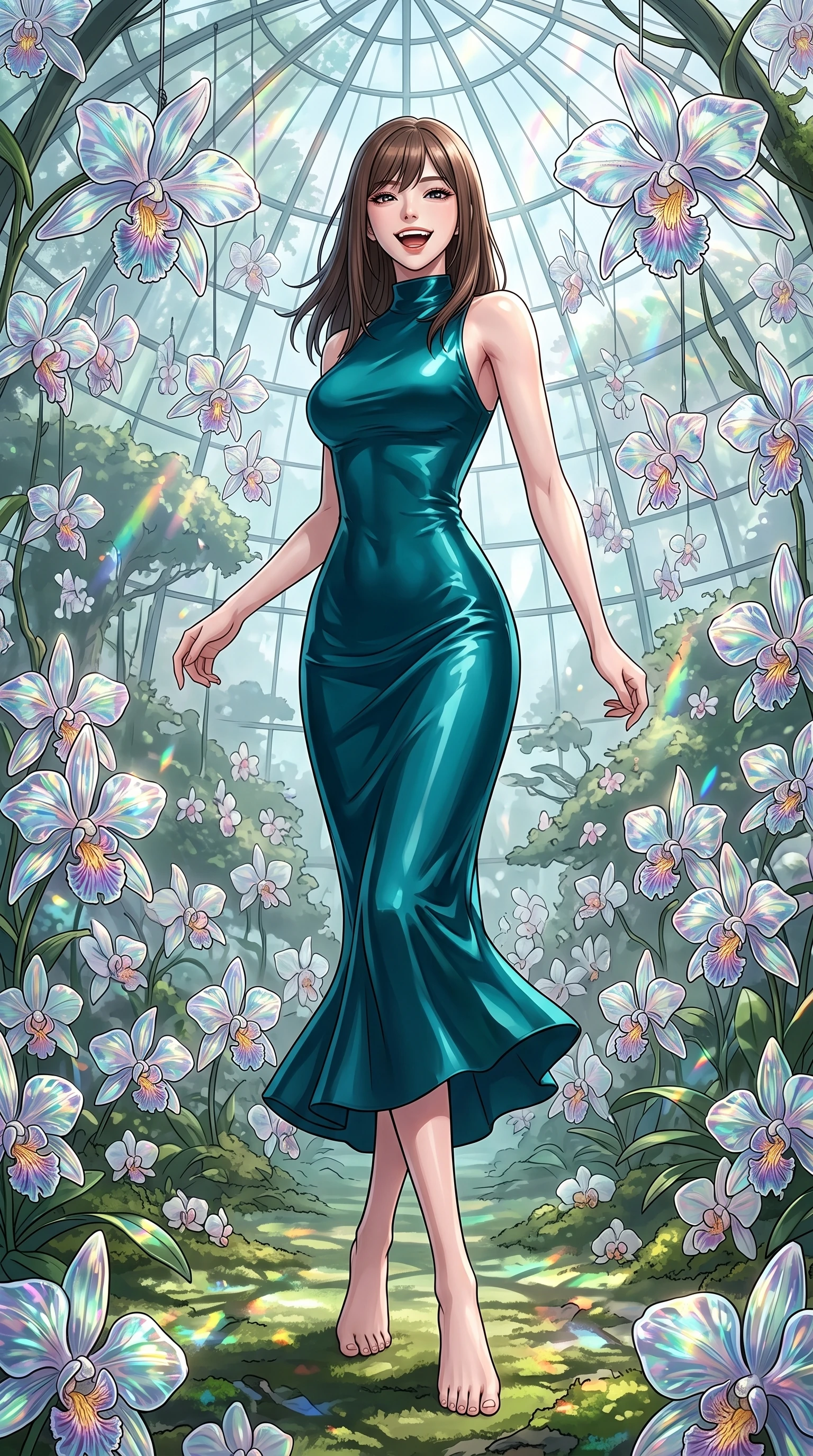 score_9, masterpiece, best quality, ultra-detailed, high-budget anime keyframe, editorial fashion photography, tasteful artistic composition, gorgeous anime illustration, with clean line-art, distinct ink outlines, and high-contrast stereoscopic depth, Korean woman. low angle full-body shot from head to toe showing her feet, filling the entire 9:16 vertical frame with her statuesque presence, stretching her vertical silhouette. twirling with a bright, delighted laugh inside inside a misty cloud forest greenhouse dome where the orchids are made of hand-blown iridescent glass, chiming gently in the soft breeze. She has a statuesque 8.5-heads proportion, an exceptionally tall, slender and willowy model-like build with impossibly long legs and a highly sculpted ultra-slim waist. sharp v-shaped jawline, high-bridge nose, intricate jewel-like eyes with depth, thick eyelashes, glossy lips with a natural sheen. wearing a form-contouring mock-neck dress in glossy deep teal silk, highlighting her slender build and elegant proportions. daylight filtering through the glass orchids, casting delicate rainbow prism highlights and soft organic shadows on the mossy ground. 2k, ultra detail, master piece, 9:16 ratio, highly saturated vibrant anime colors, detailed cel-shading with soft gradients, rich glossy textures, deep contrast, volumetric dynamic lighting, 2d animation style