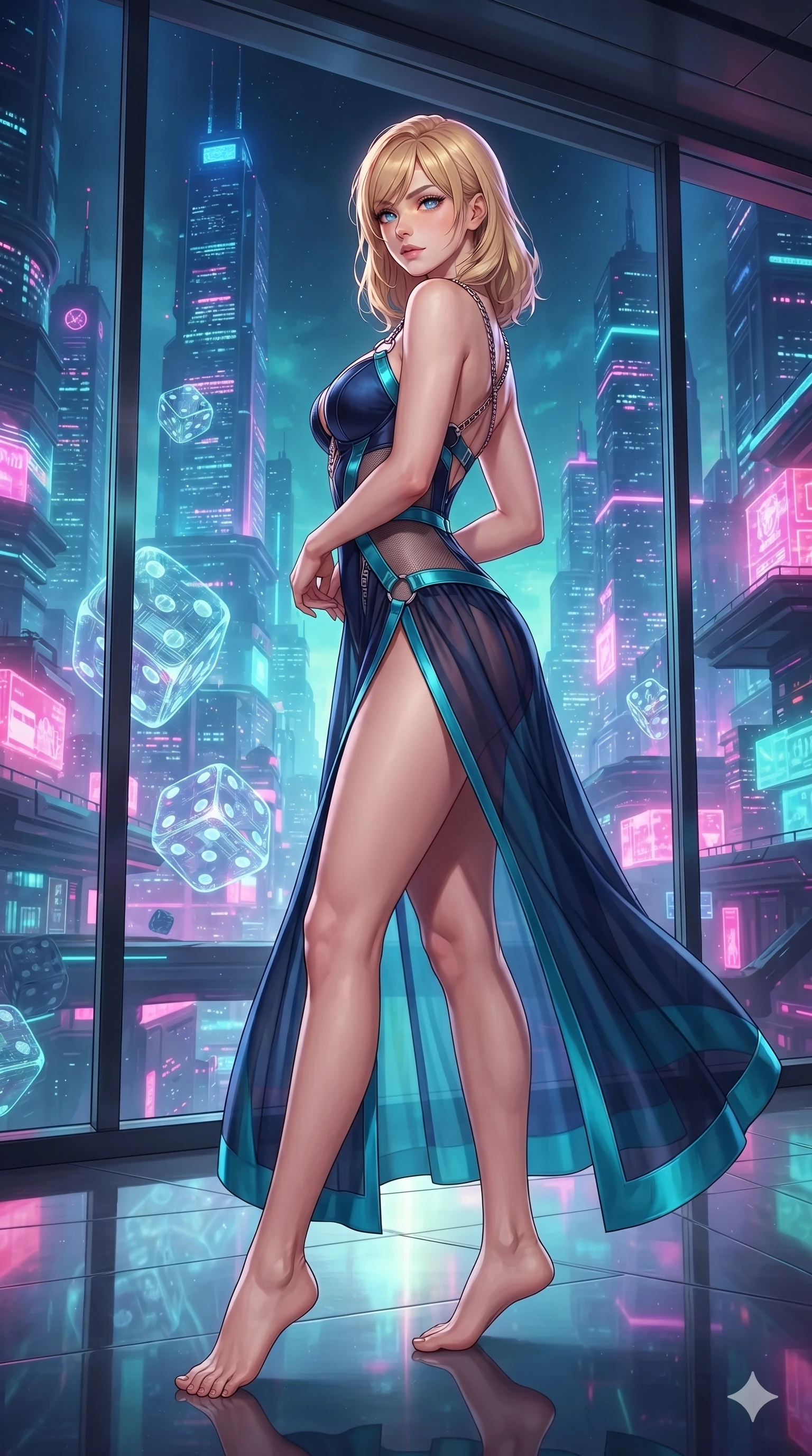 score_9, masterpiece, best quality, ultra-detailed, high-budget anime keyframe, editorial fashion photography, tasteful artistic composition, Caucasian woman. low angle full-body shot from head to toe showing her feet, filling the entire 9:16 vertical frame with her statuesque presence, stretching her vertical silhouette. posing in a classic haute-couture S-curve stance beside the panoramic viewport, looking over a bare shoulder with magnetic presence while standing poised against the floor-to-ceiling panoramic glass overlooking towering neon skyscrapers, arching her spine with sovereign glamour as giant holographic dice tumble in mid-air. The surrounding environment is rendered in vivid detail and crisp panoramic clarity: detailed bodycon evening tailoring, metallic chain straps, and futuristic penthouse architecture in razor-sharp clarity. She has an absolutely perfect, statuesque 8.5-heads proportion, an exceptionally tall and slender model-like female figure with impossibly long slender legs, an ultra-slim waist, a flat toned midriff, narrow delicate ribcage, and beautifully sculpted feminine hips creating a graceful, slim hourglass silhouette without any bulky heaviness. sharp v-shaped jawline, high-bridge nose, intricate jewel-like sparkling eyes with depth, thick eyelashes, glossy parted lips with a natural sheen, bright confident smile with an enchanting and coquettish sensual glint, exuding both youthful magnetic charm and sovereign high-tech allure, flawlessly proportioned anatomical accuracy, strict slender model proportions, natural body alignment, perfectly sculpted long slender limbs, ultra-slim waistline, clean dynamic posture without body distortion. wearing an alluring plunging sweetheart cyber-bodice dress with sheer mesh side-waist cutouts contouring her ribs in deep space navy and laser turquoise, made of fluid liquid jersey with seamless sculpting hold and smooth contours, finished with sharp laser-cut side ventilation slits framed by silver hardware rings, the liquid-tight tailored fabric clinging flawlessly to her narrow waist and rounded feminine hips, emphasizing every millimeter of her sculpted slim hourglass curves without any bulky heaviness. bathed in the dazzling panoramic ambient glow of the multi-tiered neon metropolis filtered through panoramic glass. ultra-reflective glossy finish, specular highlights, rich textural contrasts, high-contrast stereoscopic depth, volumetric dynamic lighting, 2k, ultra detail, master piece, 9:16 ratio