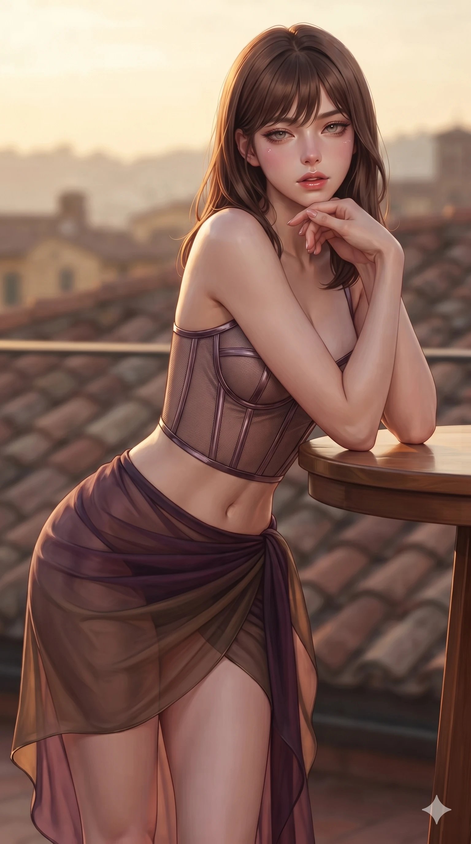 score_9, masterpiece, best quality, ultra-detailed, high-budget anime keyframe, editorial fashion photography, tasteful artistic composition, Korean woman. close-up cowboy shot from the waist and thighs up, the character dominates the composition, filling the frame with her large presence. resting one elbow on the table and supporting her chin, leaning close to the camera with heavy-lidded sparkling eyes and parted lips while standing poised on the elevated rooftop belvedere, arching her lower back to accentuate her curvy hips as the evening breeze flutters her hemline. The composition keeps background elements in soft focus with creamy bokeh: golden hour haze softened in private palazzo belvedere shallow focus. She has an exceptionally elegant, slender, and willowy female figure with an ultra-slim waist, flat toned midriff, narrow ribcage, and sculpted feminine hips creating an alluring, slim hourglass silhouette without bulk. sharp v-shaped jawline, high-bridge nose, intricate jewel-like eyes with depth, thick eyelashes, glossy parted lips with a natural sheen, intensely captivating and seductive bedroom-eyes expression, flawlessly proportioned anatomical accuracy, strict slender model proportions, natural body alignment, perfectly sculpted long slender limbs, ultra-slim waistline, clean dynamic posture without body distortion. wearing a provocative translucent mesh corset bodice with boned satin channels paired with a sheer chiffon wrap skirt in deep plum violet and antique bronze, made of sheer gossamer chiffon that drapes softly against skin with airy translucence, finished with criss-cross back satin straps highlighting her graceful shoulder blades, the liquid-tight tailored fabric clinging flawlessly to her narrow waist and rounded feminine hips, emphasizing every millimeter of her sculpted slim hourglass curves without any bulky heaviness. warm ambient bounce from terracotta tiles defining her long leg lines and perfectly proportioned willowy build. ultra-reflective glossy finish, specular highlights, rich textural contrasts, high-contrast stereoscopic depth, volumetric dynamic lighting, 2k, ultra detail, master piece, 9:16 ratio