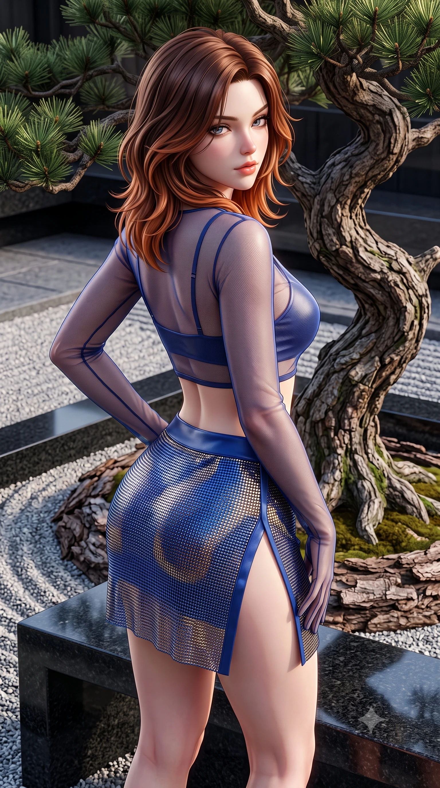 score_9, masterpiece, best quality, ultra-detailed, high-budget anime keyframe, semi-realistic 3D game render, editorial fashion photography, tasteful artistic composition, Korean woman. close-up cowboy shot from the waist and thighs up, the character dominates the composition, filling the frame with her large presence. posing in an alluring rear three-quarter angle, looking over a bare shoulder with parted glossy lips, her hips cocked back to highlight her slim hourglass curve while standing poised beside a twisted hundred-year-old bonsai pine with hips cocked back, looking into the camera with an enchanting smoldering gaze. The surrounding environment is rendered in vivid detail and crisp panoramic clarity: sharp raked gravel furrows, gnarled pine bark textures, and polished black granite bench surfaces in deep focus. She has an exceptionally elegant, slender, and willowy female figure with an ultra-slim waist, flat toned midriff, narrow ribcage, and sculpted feminine hips creating an alluring, slim hourglass silhouette without bulk. sharp v-shaped jawline, high-bridge nose, sparkling eyes with hypnotic seductive depth, thick curled eyelashes, glossy parted lips with a natural dewy peach sheen, alluring bedroom-eyes with an enchanting coquettish smile, exuding magnetic siren charisma and sophisticated glamour, flawlessly proportioned anatomical accuracy, strict slender model proportions, natural body alignment, perfectly sculpted long slender limbs, ultra-slim waistline, clean dynamic posture without body distortion. wearing a sheer mesh long-sleeve crop top over an opaque strappy micro-bralette and a sleek leatherette mini skirt in royal lapis lazuli and burnished brass, crafted from shimmering fluid chainmail mesh reflecting ambient lights, complemented by sheer opera-length evening gloves tracing her slender arms, the high-slit wrap tailoring accentuating her ultra-slim waistline and the enchanting curve of her feminine hips with alluring seductive charm. illuminated by granite bench reflection fill and sharp platinum-gold rim lights defining her razor-sharp jawline, narrow waist, and curvy hips. highly saturated vibrant anime colors, detailed shading with soft gradients, rich glossy textures, high-contrast stereoscopic depth, volumetric dynamic lighting, master piece, 9:16 ratio