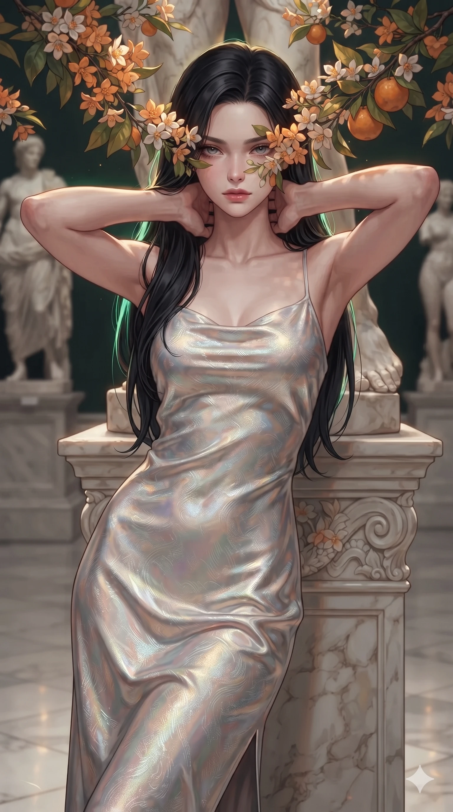 score_9, masterpiece, best quality, ultra-detailed, high-budget anime keyframe, editorial fashion photography, tasteful artistic composition, Korean woman. close-up cowboy shot from the waist and thighs up, the character dominates the composition, filling the frame with her large presence. resting both hands lightly behind her neck with elbows raised, arching her spine to highlight her narrow waist, flat midriff, and breathtaking collarbones while leaning against a carved marble statue pedestal with hips cocked back, gazing through fragrant orange blossoms with smoldering eyes. The surrounding environment is rendered in vivid detail and crisp panoramic clarity: sharp marble bust facial carvings, waxy green citrus leaves, and crisp wrought-iron window frames in deep focus. She has an exceptionally elegant, slender, and willowy female figure with an ultra-slim waist, flat toned midriff, narrow ribcage, and sculpted feminine hips creating an alluring, slim hourglass silhouette without bulk. sharp v-shaped jawline, high-bridge nose, intricate jewel-like sparkling eyes with depth, thick eyelashes, glossy parted lips with a natural sheen, intensely captivating and seductive bedroom-eyes expression, exuding both youthful cute charm and sovereign luxury allure, flawlessly proportioned anatomical accuracy, strict slender model proportions, natural body alignment, perfectly sculpted long slender limbs, ultra-slim waistline, clean dynamic posture without body distortion. wearing a plunge-front sheer illusion tulle slip dress with liquid platinum ribbon stripes hugging her curves in iridescent mother-of-pearl and liquid molten silver, tailored from smooth liquid silk satin that clings smoothly to her narrow waist and rounded hips with a dewy sheen, complemented by strappy stiletto sandals with metallic ankle wraps accentuating her slender calves, the impeccably tailored cut draping gracefully along her slender figure with aristocratic poise. illuminated by polished limestone floor reflections and sharp emerald-gold rim lights sculpting her razor-sharp jawline, narrow waist, and curvy hips. ultra-reflective glossy finish, specular highlights, rich textural contrasts, high-contrast stereoscopic depth, volumetric dynamic lighting, 2k, ultra detail, master piece, 9:16 ratio