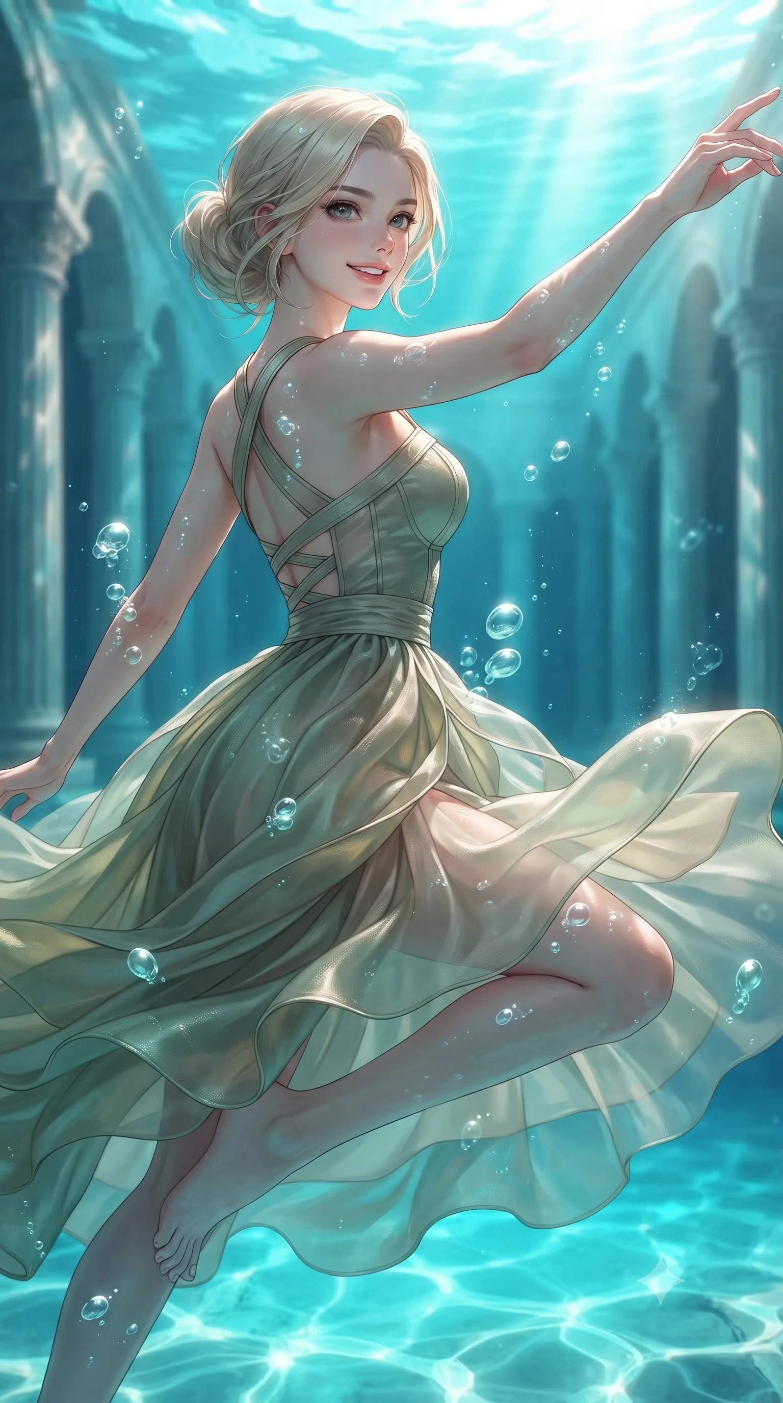 score_9, masterpiece, best quality, ultra-detailed, high-budget anime keyframe, editorial fashion photography, tasteful artistic composition, Caucasian woman. close-up cowboy shot from the waist and thighs up, the character dominates the composition, filling the frame with her large presence, background elements kept in soft focus. Extending one arm in an elegant stretch toward the light while smiling with magnetic self-assurance while gliding dynamically through a sunken colonnade as ocean currents swirl her flowing gown, rising bioluminescent bubbles casting soft pearl-like highlights on her skin. She has an exceptionally elegant, slender, and willowy female figure with an ultra-slim waist, a gracefully sculpted slender torso, and a refined silhouette. sharp v-shaped jawline, high-bridge nose, intricate jewel-like eyes with depth, thick eyelashes, glossy lips with a natural sheen, flawlessly proportioned anatomical accuracy, natural body alignment, perfectly sculpted elegant limbs, clean dynamic posture without body distortion. wearing a modern fusion silk hanbok dress with a structured bodice and flowing skirt in sage green and oatmeal, woven from fine semi-opaque sheer organza, complemented by criss-cross back straps highlighting her bare shoulders, the elegant draped fit framing her graceful clavicle and slender torso. bathed in brilliant sun-drenched water rays and luminous turquoise caustic glow. ultra-reflective glossy finish, specular highlights, metallic sheen, high-contrast stereoscopic depth, volumetric dynamic lighting, 2k, ultra detail, master piece, 9:16 ratio