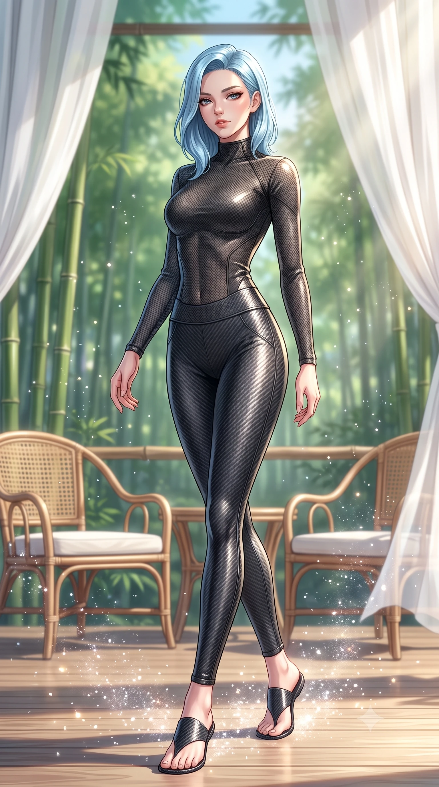 score_9, masterpiece, best quality, ultra-detailed, high-budget anime keyframe, editorial fashion photography, tasteful artistic composition, Korean woman. low angle full-body shot from head to toe showing her feet, filling the entire 9:16 vertical frame with her statuesque presence, stretching her vertical silhouette. stepping gracefully through floating stardust particles, her body-contouring suit showing her athletic, slender silhouette, the background shows a soft-focus a bamboo forest deck with rattan chairs and white cotton drapes. She has an absolutely perfect, statuesque 8.5-heads proportion, an exceptionally tall and slender model-like female figure with impossibly long slender legs and an ultra-slim waist. sharp v-shaped jawline, high-bridge nose, intricate jewel-like eyes with depth, thick eyelashes, glossy lips with a natural sheen. wearing a slim-fit body-hugging carbon-mesh mock-neck top paired with tight-fitting carbon-fiber leggings. bright morning sun rays creating fresh and energetic shadows on her gear. highly saturated vibrant anime colors, detailed shading with soft gradients, rich glossy textures, high-contrast stereoscopic depth, volumetric dynamic lighting, master piece, 9:16 ratio
