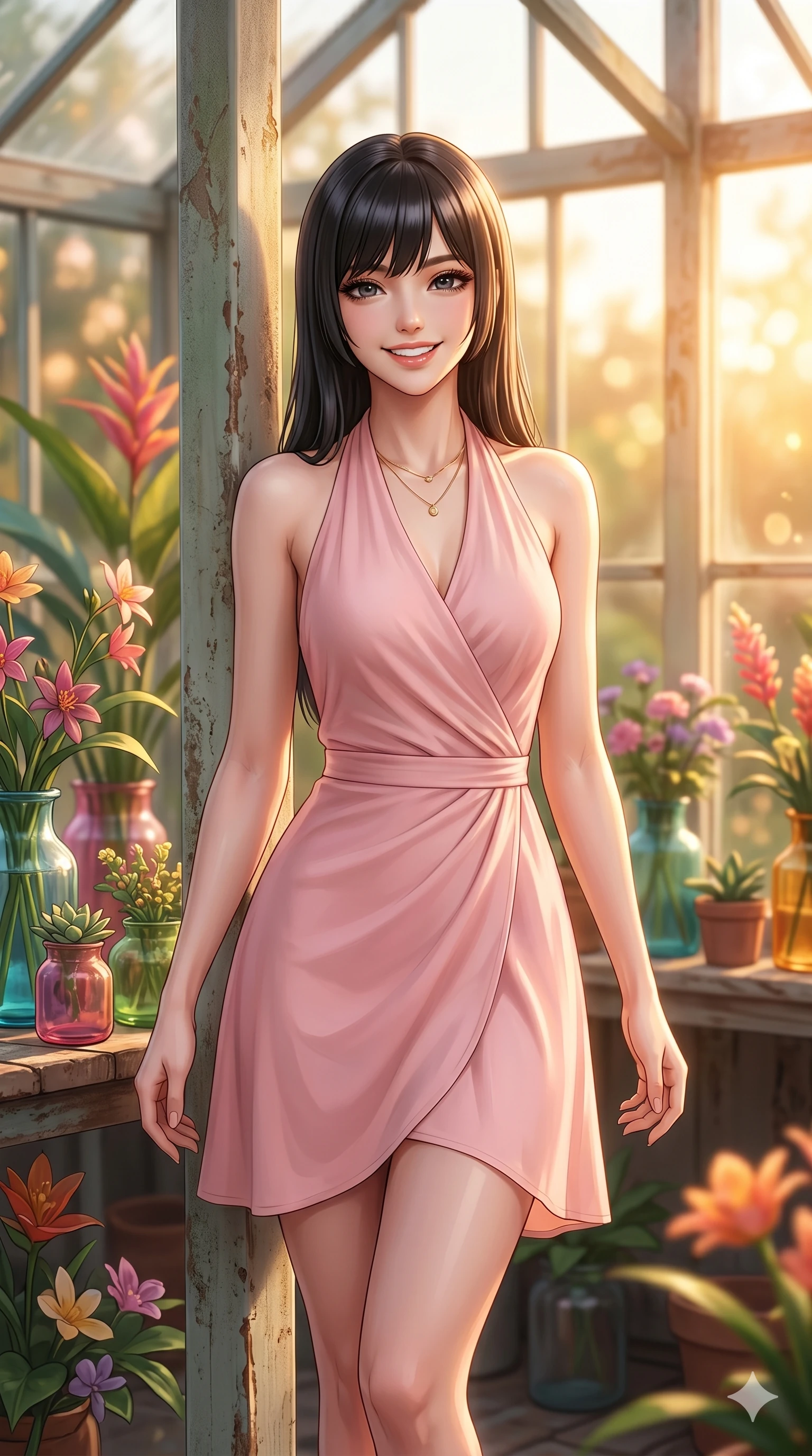 score_9, masterpiece, best quality, ultra-detailed, high-budget anime keyframe, editorial fashion photography, tasteful artistic composition, Caucasian woman, strictly human ears. cowboy shot from the thighs up, character and outfit filling the frame for maximum editorial presence. looking at the camera with a bright, cheerful smile, her shoulders relaxed inside a garden greenhouse corner with colorful glass flowerpots. She has an absolutely perfect 8-heads proportion, an exceptionally tall and slender female figure with impossibly long slender legs and an ultra-slim waist. V-shaped jawline, high-bridge nose, intricate jewel-like eyes with depth, thick eyelashes, glossy lips with a natural sheen. wearing a soft pink wrap dress with a graceful halter neck and bare shoulders. drenched in warm golden hour light pouring through the glass, creating a soft glowing atmosphere. 2k, ultra detail, master piece, 9:16 ratio