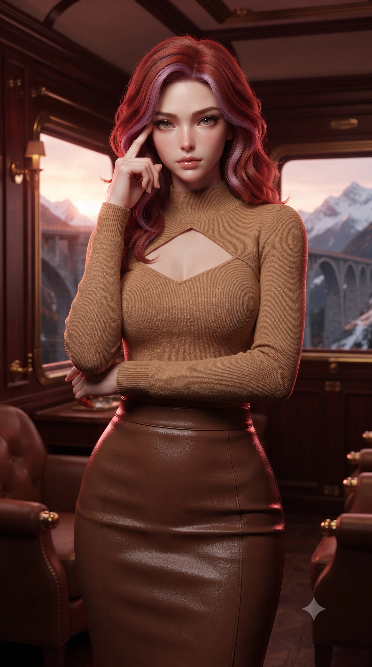 score_9, masterpiece, best quality, ultra-detailed, high-budget anime keyframe, editorial fashion photography, tasteful artistic composition, Caucasian woman, strictly human ears. close-up cowboy shot from the waist and thighs up, the character dominates the composition, filling the frame with her large presence, background elements kept in soft focus. Pressing two fingers to her temple in a composed thoughtful gesture. set against a soft-focus background of the observation car of a legendary luxury train crossing a spectacular mountain bridge at sunset with polished mahogany panels brass fittings leather armchairs and panoramic windows framing snow-capped peaks. She has an exceptionally elegant and slender, willowy female figure with an ultra-slim waist, a gracefully sculpted slender torso, and a refined slim physique. sharp v-shaped jawline, high-bridge nose, intricate jewel-like eyes with depth, thick eyelashes, glossy lips with a natural sheen. wearing a camel-colored knit top with a keyhole chest cutout, paired with a brown leather pencil skirt. deep crimson theatrical lighting with sharp specular highlights on every curve. 2k, ultra detail, master piece, 9:16 ratio