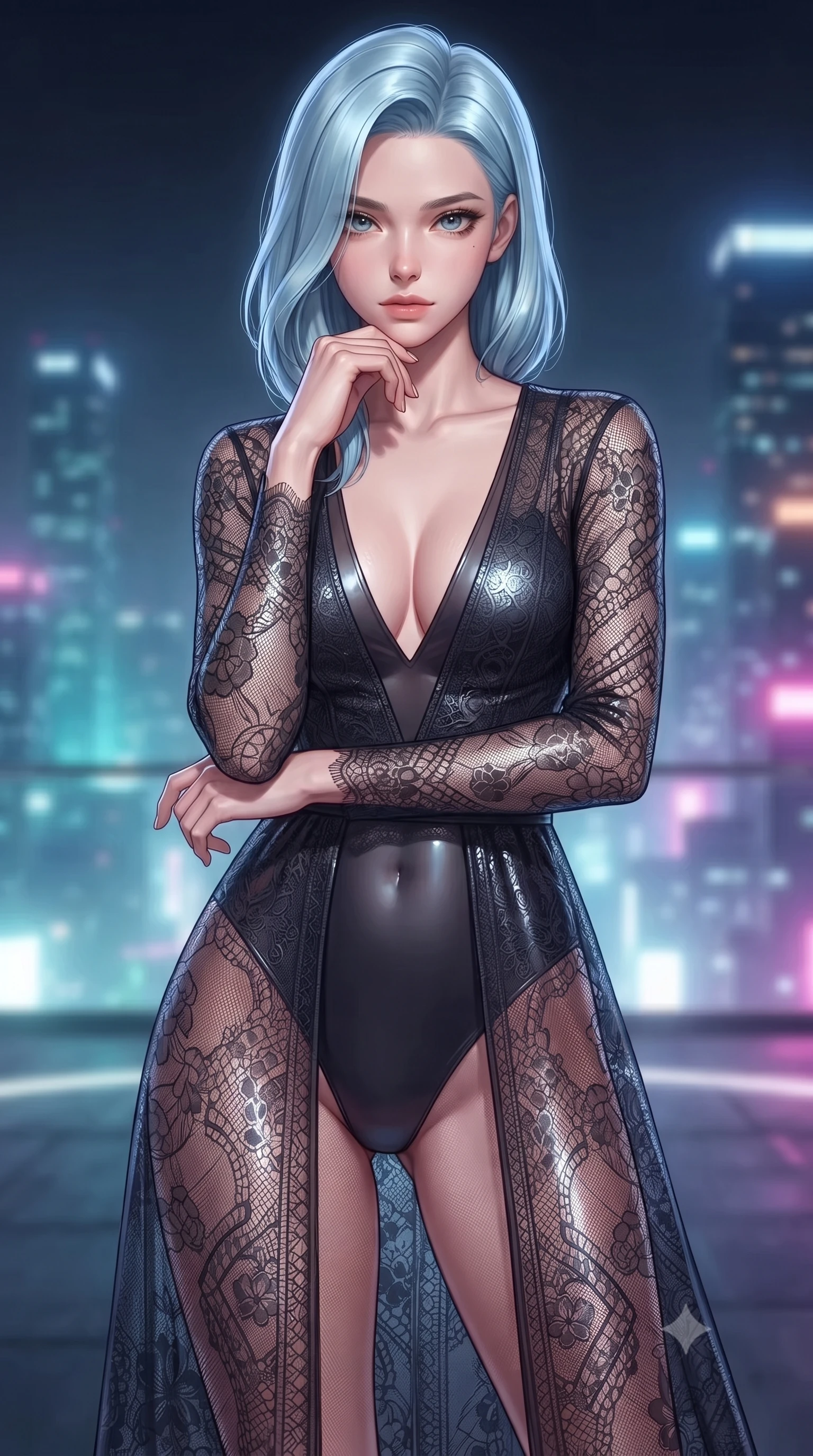 score_9, masterpiece, best quality, ultra-detailed, high-budget anime keyframe, editorial fashion photography, tasteful artistic composition, Korean woman woman. close-up cowboy shot from the waist and thighs up, the character dominates the composition, filling the frame with her large presence, background elements kept in soft focus. She has an exceptionally elegant, slender, and willowy female figure with an ultra-slim waist, a gracefully sculpted slender torso, and a refined silhouette. resting her chin on the back of her fingers in a thoughtful and effortless pose, flawlessly proportioned anatomical accuracy, natural body alignment, perfectly sculpted elegant limbs, clean dynamic posture without body distortion. set against a soft-focus background of a penthouse helipad lounge overlooking a misty neon skyline. wearing a see-through dark lace panel gown over a fitted micro-leotard with a plunging V-neckline. bathed in vibrant city skyline night lights casting sleek specular reflections. ultra-reflective glossy finish, specular highlights, metallic sheen, high-contrast stereoscopic depth, volumetric dynamic lighting, 2k, ultra detail, master piece, 9:16 ratio