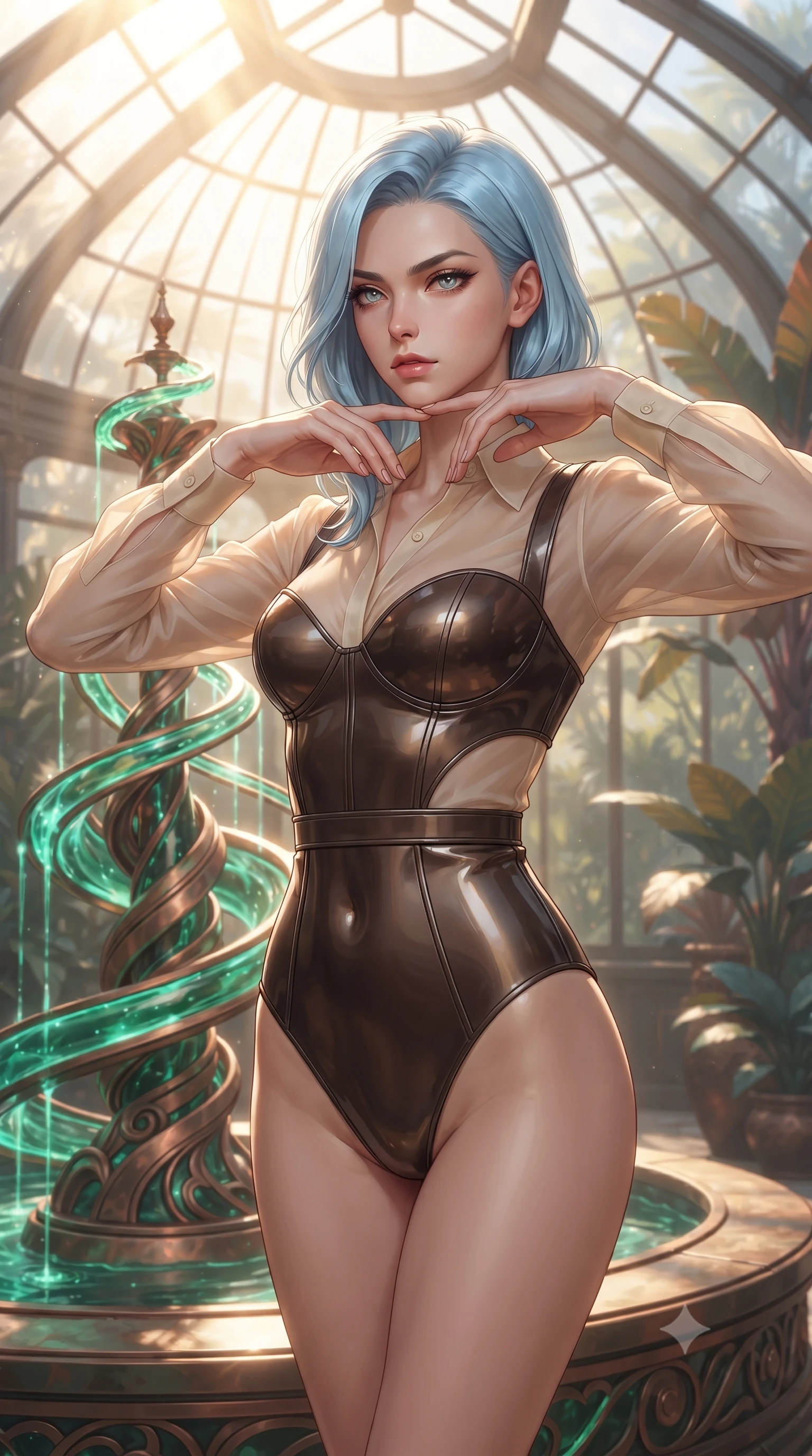 score_9, masterpiece, best quality, ultra-detailed, high-budget anime keyframe, editorial fashion photography, tasteful artistic composition, Korean woman. close-up cowboy shot from the waist and thighs up, the character dominates the composition, filling the frame with her large presence, background elements kept in soft focus. Resting her chin on the backs of her fingers, casting a sharp, mysterious gaze standing by a hydro-flow spiral fountain flowing with bioluminescent emerald sap, intense volumetric sunbeams filtering through the glass ceiling. She has an exceptionally elegant, slender, and willowy female figure with an ultra-slim waist, a gracefully sculpted slender torso, and a refined silhouette. sharp v-shaped jawline, high-bridge nose, intricate jewel-like eyes with depth, thick eyelashes, glossy lips with a natural sheen. wearing a tailored leather bustier over a sheer silk chiffon blouse in espresso brown and warm cream, formed from sleek second-skin neoprene, featuring clean architectural cutouts along her slender torso, the tailored fabric tightly following every curve of her athletic build. lit by warm golden-hour rays cascading through crystalline glass panes. ultra-reflective glossy finish, specular highlights, metallic sheen, high-contrast stereoscopic depth, volumetric dynamic lighting, 2k, ultra detail, master piece, 9:16 ratio