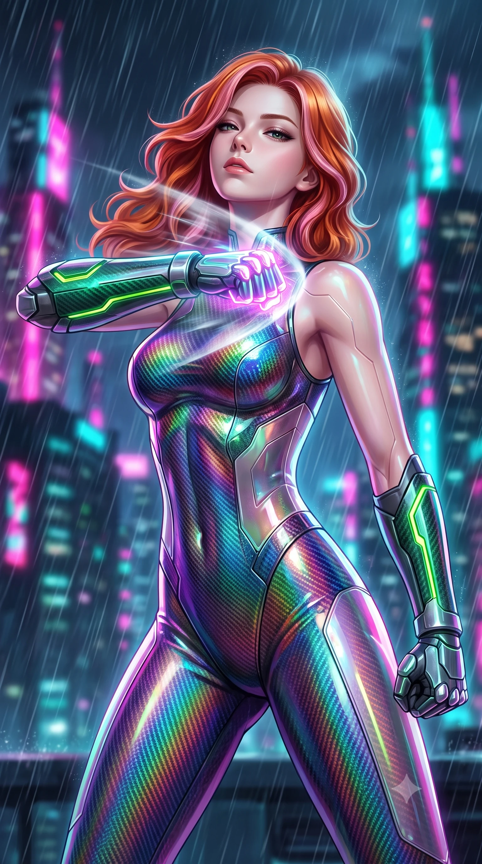 score_9, masterpiece, best quality, ultra-detailed, high-budget anime keyframe, semi-realistic 3D game render, editorial fashion photography, tasteful artistic composition, Caucasian woman. close-up cowboy shot from the waist and thighs up, the character dominates the composition, filling the frame with her large presence. tilting her head back with serene warrior composure, her sharp jawline and sculpted collarbones highlighted by glowing neon kinetic knuckles while delivering a lightning-fast kinetic punch on a rain-swept skyscraper rooftop, generating a visible conical air-distortion shockwave. The composition keeps background elements in soft focus with creamy bokeh. swirling typhoon rain sheets and neon skyscraper spires blurred into dazzling magenta, cyan, and charcoal bokeh. She has an exceptionally elegant, slender, and willowy female figure with an ultra-slim waist, a gracefully sculpted slender torso, toned flat midriff, and a refined slim silhouette. sharp v-shaped jawline, high-bridge nose, intricate jewel-like eyes with depth, thick eyelashes, glossy lips with a natural sheen, flawlessly proportioned anatomical accuracy, strict slender model proportions, natural body alignment, perfectly sculpted long slender limbs, ultra-slim waistline, clean dynamic posture without body distortion. wearing a high-gloss iridescent rainbow carbon-weave bodysuit with translucent cybernetic panels and Damascus-steel forearm bracers in emerald green carbon composite with glowing lime laser channels, made of lightweight aerodynamic carbon-titanium alloy with polished edge bevels, detailed with magnetic knuckle shock-absorbers and polished chrome articulation joints, the sleek second-skin cut tightly hugging her graceful clavicle, narrow waist, and feminine curves with athletic precision. illuminated by crisp white key lighting with sharp specular highlights tracing her sculpted flat midriff and waist. rich saturated anime colors with glowing neon highlights, detailed shading with soft gradients, rich glossy textures, high-contrast stereoscopic depth, volumetric dynamic lighting, master piece, 9:16 ratio