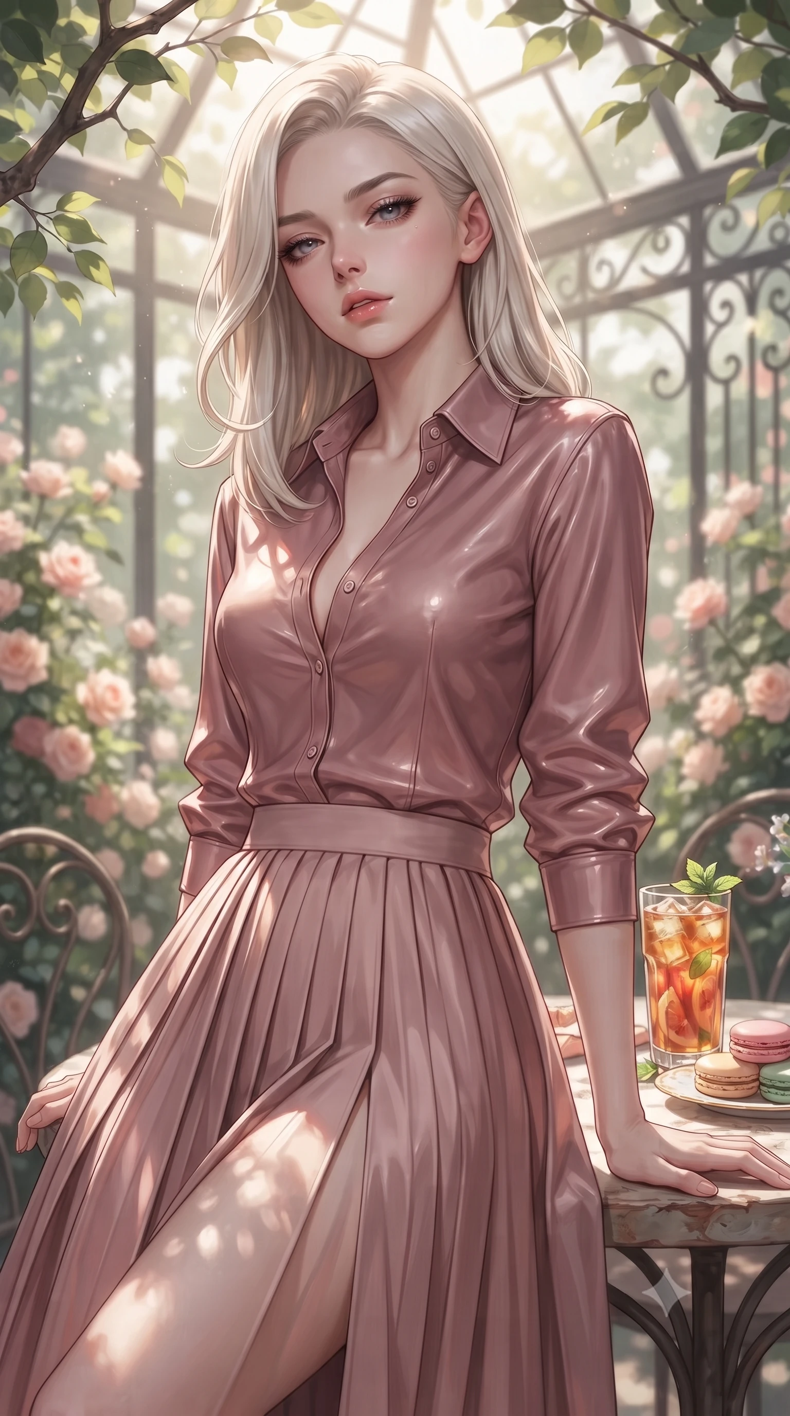score_9, masterpiece, best quality, ultra-detailed, high-budget anime keyframe, editorial fashion photography, tasteful artistic composition, Caucasian woman. close-up cowboy shot from the waist and thighs up, the character dominates the composition, filling the frame with her large presence, background elements kept in soft focus. looking down at the viewer beneath lowered lashes with a quiet, smoldering confidence and parted lips set against a soft-focus background of inside an exclusive rose conservatory with a glass of iced fruit tea and delicate macaron pastries arranged on the table. She has an exceptionally elegant, slender, and willowy female figure with an ultra-slim waist, a gracefully sculpted slender torso, and a refined silhouette. sharp v-shaped jawline, high-bridge nose, intricate jewel-like eyes with depth, thick eyelashes, glossy lips with a natural sheen. wearing form-contouring dusty rose glossy leather casual linen button-down shirt paired with a flowy pleated midi skirt featuring refined tailored seams. highlighted by dappled sunlight filtering through leafy branches, creating soft organic patterns. ultra-reflective glossy finish, specular highlights, metallic sheen, high-contrast stereoscopic depth, volumetric dynamic lighting, 2k, ultra detail, master piece, 9:16 ratio