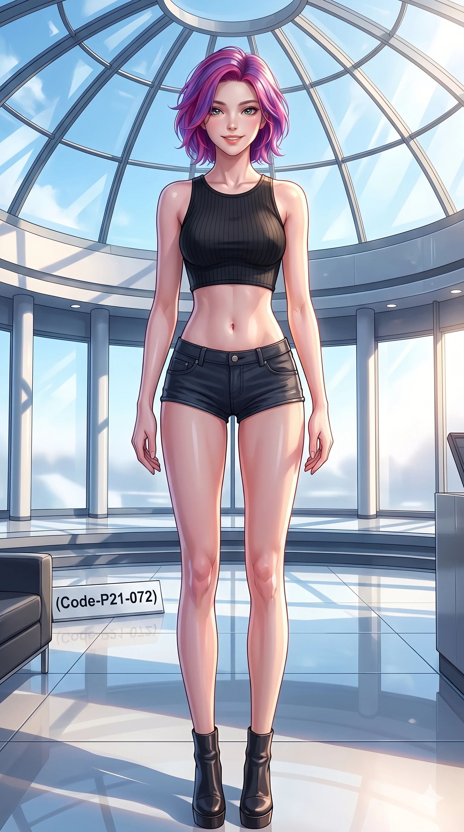 score_9, masterpiece, best quality, ultra-detailed, high-budget anime keyframe, vibrant anime aesthetic, Caucasian woman, strictly human ears. cowboy shot from the thighs up, character and outfit filling the frame for maximum presence. She is standing proud under the glass dome, her lips curved in a warm, radiant winter smile inside a chic showroom room with polished floors and sun (Code-P21-072). She has an absolutely perfect 8-heads proportion, an exceptionally tall and slender female figure with impossibly long slender legs and an ultra-slim waist. V-shaped jawline, high-bridge nose, intricate jewel-like eyes with depth, thick eyelashes, glossy lips with a natural sheen. wearing a tight crop top showing her bare midriff and micro-shorts in the cabin. She is cool, bright winter sky reflections from all sides, outlining her tall slender figure. 2k, ultra detail, master piece, 9:16 ratio