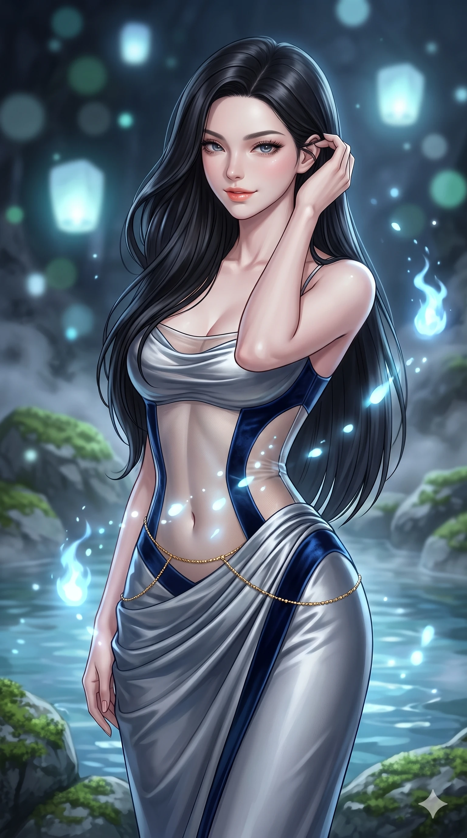 score_9, masterpiece, best quality, ultra-detailed, high-budget anime keyframe, semi-realistic 3D game render, editorial fashion photography, tasteful artistic composition, Korean woman. close-up cowboy shot from the waist and thighs up, the character dominates the composition, filling the frame with her large presence. gently brushing a lock of silk hair behind her ear while casting a playful, flirtatious side-gaze with long eyelashes while twisting her slender torso in an alluring S-curve beside the crystal spring pool, floating spirit lights dancing across her flat midriff. The background shows a soft-focus floating pale blue spirit lanterns, moss-covered boulders, and swirling mountain spring mist blurred into pale cyan, emerald, and charcoal bokeh. She has an exceptionally elegant, slender, and willowy female figure with an ultra-slim waist, flat toned midriff, narrow ribcage, and sculpted feminine hips creating an alluring, slim hourglass silhouette without bulk. sharp v-shaped jawline, high-bridge nose, sparkling eyes with hypnotic seductive depth, thick curled eyelashes, glossy parted lips with a natural dewy peach sheen, alluring bedroom-eyes with an enchanting coquettish smile, exuding magnetic siren charisma and sophisticated glamour, flawlessly proportioned anatomical accuracy, strict slender model proportions, natural body alignment, perfectly sculpted long slender limbs, ultra-slim waistline, clean dynamic posture without body distortion. wearing a sheer-illusion mesh corset gown with strategic opaque velvet hanbok panels framing her waist and hips in metallic liquid silver and deep sapphire navy, tailored from heavy double-faced silk faille with an exceptionally fluid drape, finished with a dainty gold belly chain resting across her flat midriff and curving hips, the glove-like clinging cut tightly following the natural contour of her hips and long slender legs with youthful 8.5-heads elegance. surrounded by a mysterious dark spiritual aura with pale blue floating spirit fires and cool moonlight. highly saturated vibrant anime colors, detailed shading with soft gradients, rich glossy textures, high-contrast stereoscopic depth, volumetric dynamic lighting, master piece, 9:16 ratio