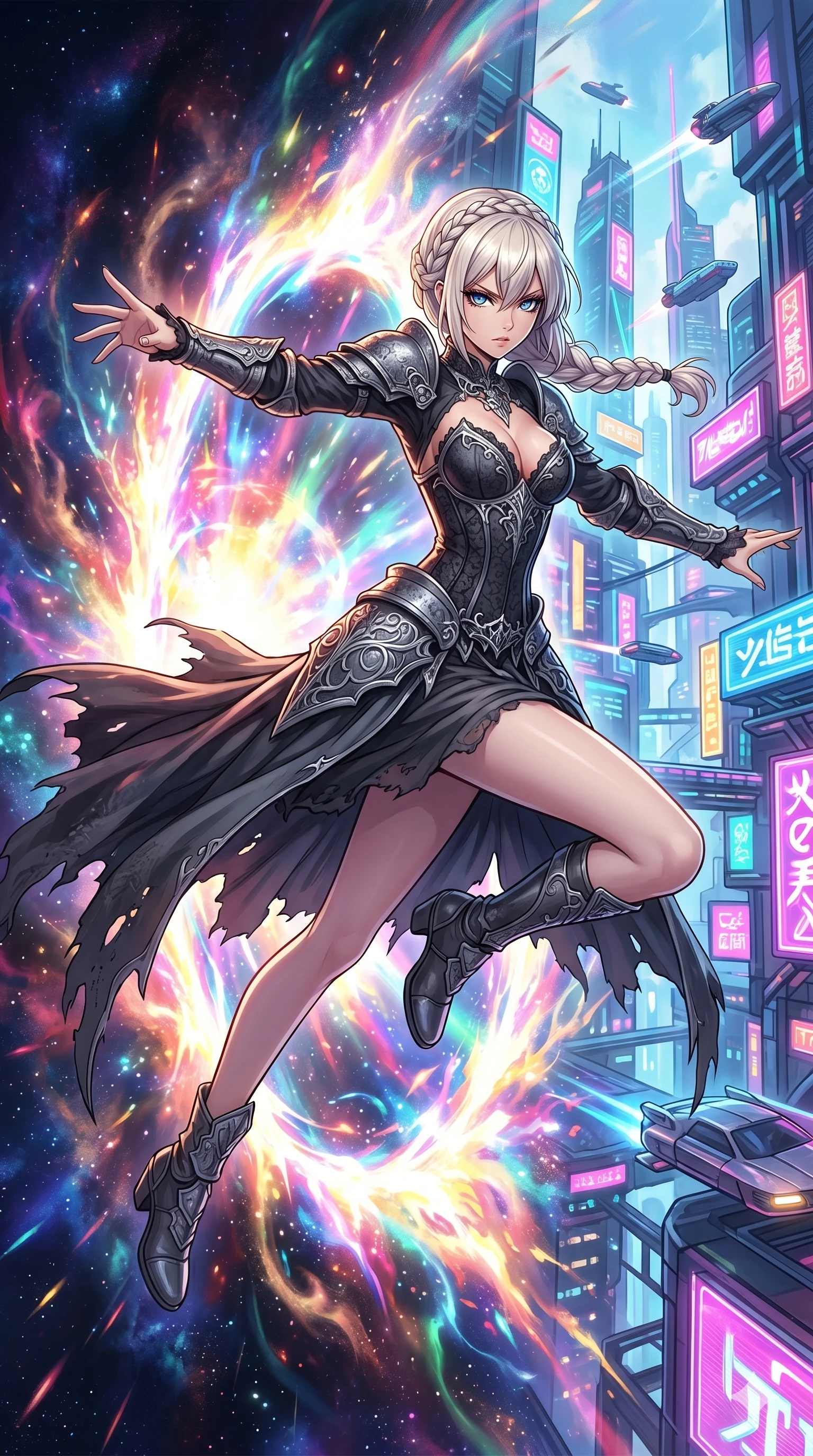 score_9, masterpiece, best quality, ultra-detailed, High-budget Anime Keyframe, beautiful Japanese anime girl. Low angle cowboy shot filling the entire 9:16 frame with her statuesque presence. Leaping through a portal made of swirling light and color into a futuristic city. She has an absolutely perfect 8-heads proportion, an exceptionally tall and slender female figure with impossibly long slender legs and an ultra-slim waist. Sharp v-shaped jawline, high-bridge nose, intricate jewel-like eyes with depth, thick eyelashes, glossy lips with a natural sheen. Wearing a Dark Fantasy outfit: gothic charcoal lace corset gown with silver armor and a plunging neckline. Background is a bright and colorful transition between a cosmic void and a neon-lit metropolis. 2k, ultra detail, master piece, 9:16 ratio