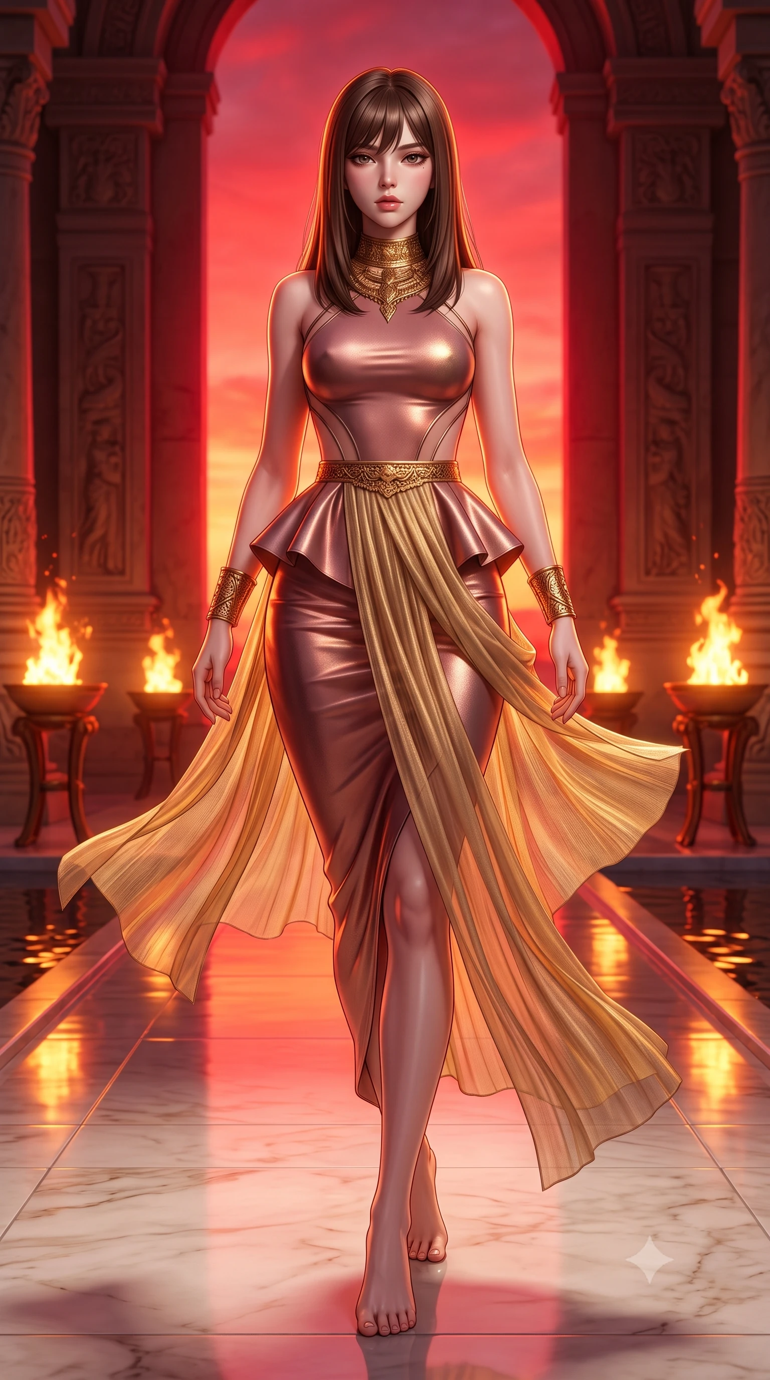 score_9, masterpiece, best quality, ultra-detailed, high-budget anime keyframe, semi-realistic 3D game render, editorial fashion photography, tasteful artistic composition, Korean woman. low angle full-body shot from head to toe showing her feet, filling the entire 9:16 vertical frame with her statuesque presence, stretching her vertical silhouette. striding forward in a proud supermodel runway stride, hips swaying in an alluring kinetic rhythm that accentuates her curvy hourglass silhouette while pivoting gracefully on the polished alabaster temple floor, her sheer pleated gold drapery swirling around her statuesque hips and long legs. The surrounding environment is rendered in vivid detail and crisp panoramic clarity. detailed hammered gold jewelry textures, pleated linen weave, and temple water reflections in high clarity. She has an absolutely perfect, statuesque 8.5-heads proportion, an exceptionally tall and slender model-like female figure with impossibly long slender legs, a toned flat midriff, an ultra-slim waist, and beautifully sculpted feminine hips. sharp v-shaped jawline, high-bridge nose, intricate jewel-like eyes with depth, thick eyelashes, glossy parted lips with a natural sheen, intensely captivating and seductive bedroom-eyes expression, flawlessly proportioned anatomical accuracy, strict slender model proportions, natural body alignment, perfectly sculpted long slender limbs, ultra-slim waistline, clean dynamic posture without body distortion. wearing a structural geometric peplum gown with sheer side-ribbon cutouts and form-fitting skirt in dusky desert rose and liquid bronze, crafted from liquid-smooth metallic lamé that shifts radiance with every step, finished with criss-cross back straps highlighting her graceful shoulder blades, the dramatically scooped open back descending to the base of her spine, accentuating her razor-sharp statuesque lines and curvy hourglass silhouette. bathed in blazing crimson sunset backlighting and warm amber brazier fire uplights. highly saturated vibrant anime colors, detailed shading with soft gradients, rich glossy textures, high-contrast stereoscopic depth, volumetric dynamic lighting, master piece, 9:16 ratio