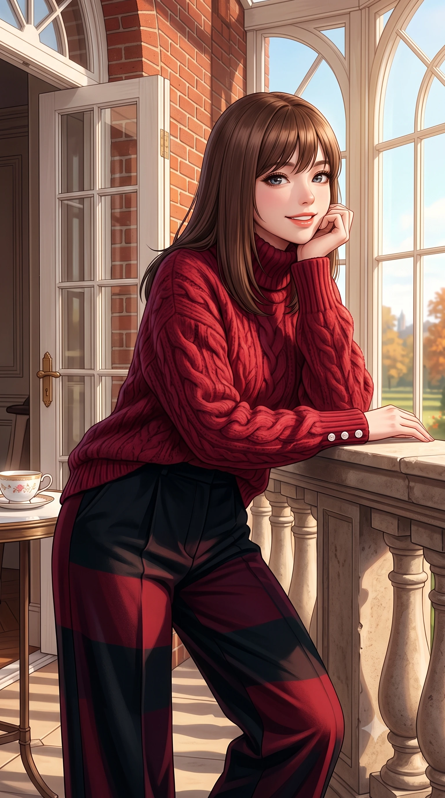 score_9, masterpiece, best quality, ultra-detailed, high-budget anime keyframe, semi-realistic 3D game render, editorial fashion photography, tasteful artistic composition, Korean woman. close-up cowboy shot from the waist and thighs up, the character dominates the composition, filling the frame with her large presence. resting one elbow on the stone balustrade, chin poised lightly on her hand with intelligent, charming warmth while leaning against the ornate French double doors looking out toward Kensington Gardens with a serene, captivating expression. The surrounding environment is rendered in vivid detail and crisp panoramic clarity: sharp red-brick masonry relief, delicate white painted window mullions, and fine porcelain teacup glaze in deep focus. She has an exceptionally elegant, slender, and willowy female figure with an ultra-slim waist, flat toned midriff, narrow ribcage, and sculpted feminine hips creating an alluring, slim hourglass silhouette without bulk. sharp v-shaped jawline, high-bridge nose, intricate jewel-like sparkling eyes with depth, thick eyelashes, glossy parted lips with a natural peach sheen, bright cheerful beaming smile with an enchanting and coquettish sensual glint, exuding both youthful cute charm and seductive allure, flawlessly proportioned anatomical accuracy, strict slender model proportions, natural body alignment, perfectly sculpted long slender limbs, ultra-slim waistline, clean dynamic posture without body distortion. wearing an oversized chunky cable-knit cashmere roll-neck sweater paired with brushed wool flannel wide-leg trousers in Kyoto autumn maple crimson and deep ink black, crafted from ultra-soft Mongolian cashmere with exquisite insulating warmth and tactile softness, finished with fine mother-of-pearl cuff buttons catching the soft ambient light, the expertly draped wool fabric falling in crisp fluid lines along her tall 8.5-heads silhouette, celebrating her slender frame without excess fabric bulk. bathed in warm 3200K autumn sunlight streaming through floor-to-ceiling arched south-facing conservatory windows. highly saturated vibrant anime colors, detailed shading with soft gradients, rich glossy textures, high-contrast stereoscopic depth, volumetric dynamic lighting, master piece, 9:16 ratio