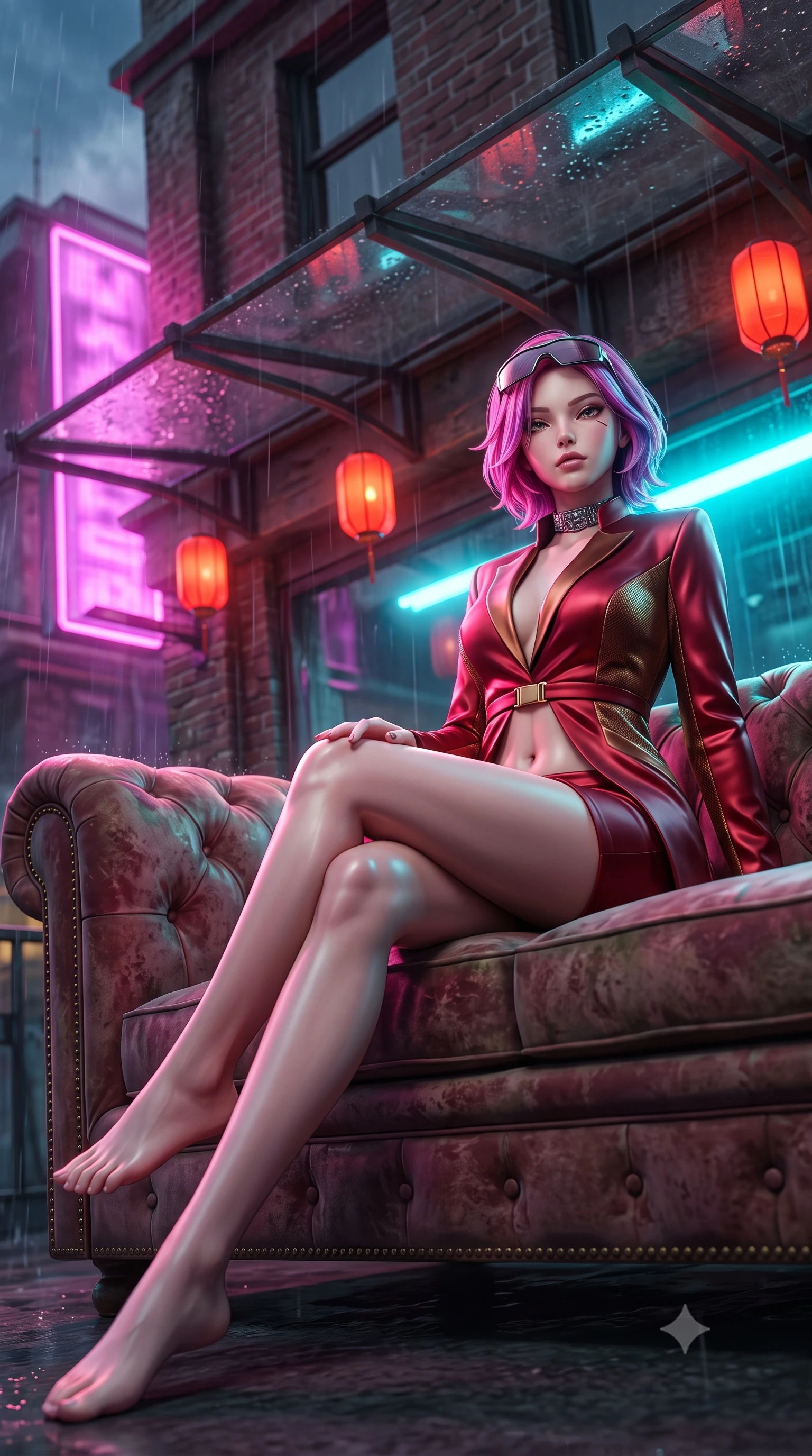 score_9, masterpiece, best quality, ultra-detailed, high-budget anime keyframe, semi-realistic 3D game render, editorial fashion photography, tasteful artistic composition, Caucasian woman. low angle full-body shot from head to toe showing her feet, filling the entire 9:16 vertical frame with her statuesque presence, stretching her vertical silhouette. sitting perched on the elevated edge with hips angled toward the camera and legs crossed, displaying her toned midriff and flawlessly sculpted slender limbs while reclining on a vintage velvet Chesterfield sofa inside a rain-streaked rooftop teahouse, one knee drawn up in a seductive Cleopatra pose. The composition keeps background elements in soft focus with creamy bokeh. rain-streaked glass awnings and weathered brick penthouse facades softened in moody cinematic focus. She has an absolutely perfect, statuesque 8.5-heads proportion, an exceptionally tall and slender model-like female figure with impossibly long slender legs, a toned flat midriff, an ultra-slim waist, and beautifully sculpted feminine hips. sharp v-shaped jawline, high-bridge nose, intricate jewel-like eyes with depth, thick eyelashes, glossy parted lips with a natural sheen, intensely captivating and seductive bedroom-eyes expression, flawlessly proportioned anatomical accuracy, strict slender model proportions, natural body alignment, perfectly sculpted long slender limbs, ultra-slim waistline, clean dynamic posture without body distortion. wearing a tailored satin tuxedo jacket dress with mandarin lapels and a slim gold-buckle belt in rich crimson silk and liquid bronze, made of breathable technical athletic mesh and liquid-finish track nylon, accessorized with cyber-visor sunglasses resting on her brow and chunky silver choker, the glove-like aerodynamic silhouette tightly following the natural contour of her hips and long slender legs with statuesque precision. bathed in vibrant magenta and electric cyan neon light contrasting with warm lantern scarlet downlights. highly saturated vibrant anime colors, detailed shading with soft gradients, rich glossy textures, high-contrast stereoscopic depth, volumetric dynamic lighting, master piece, 9:16 ratio