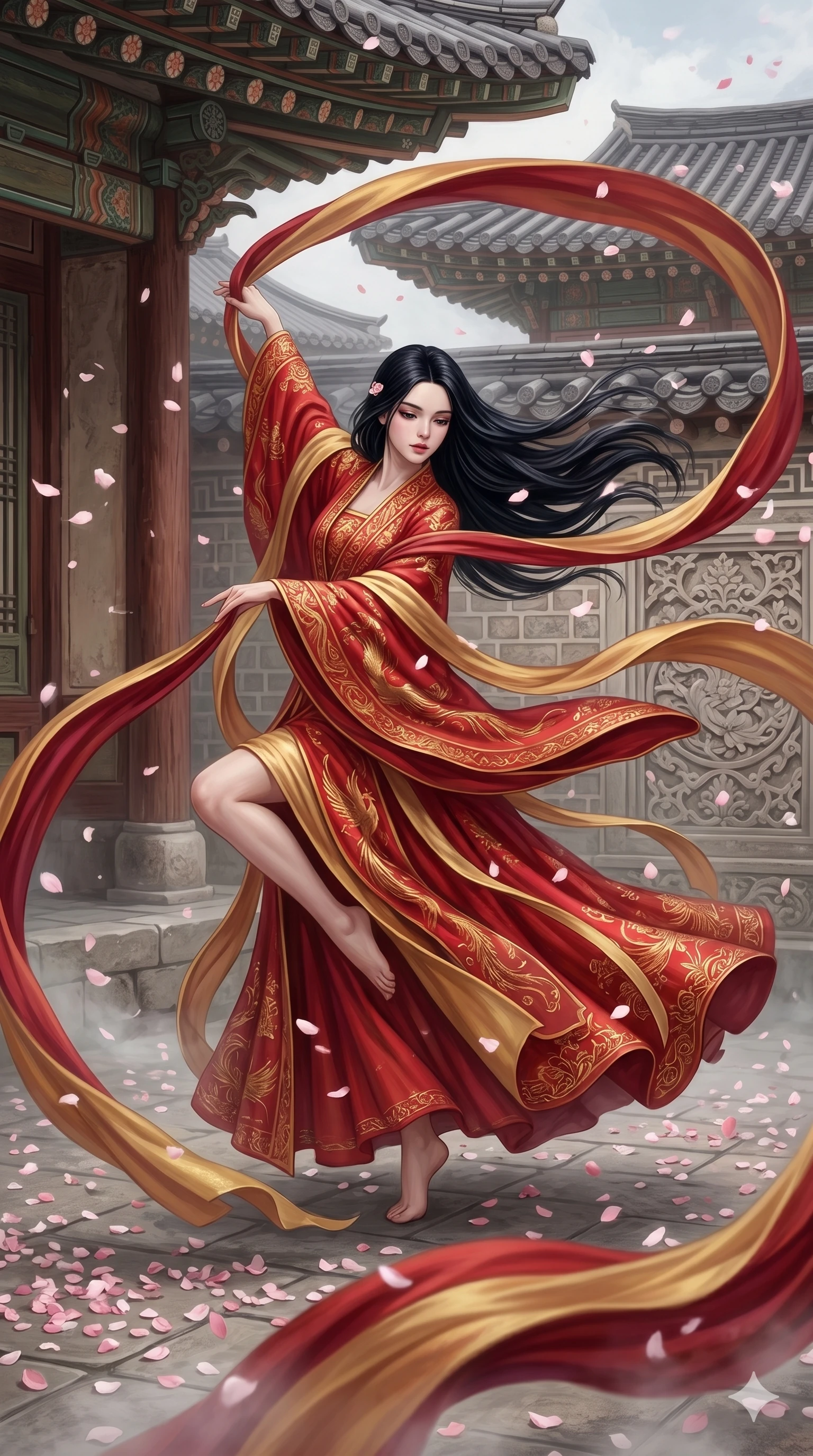 score_9, score_8_up, score_7_up, source_anime, masterpiece, best quality, ultra-detailed, same character with long flowing black hair, wearing a stunning traditional red and gold hanfu dress, full body shot gracefully dancing with a long flowing silk ribbon, ancient palace courtyard, falling cherry blossom petals, traditional architecture, 2k, 9:16 ratio
