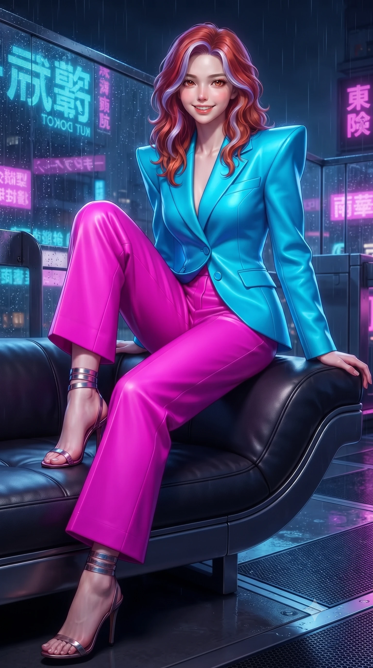 score_9, masterpiece, best quality, ultra-detailed, high-budget anime keyframe, editorial fashion photography, tasteful artistic composition, Caucasian woman. close-up cowboy shot from the waist and thighs up, the character dominates the composition, filling the frame with her large presence. perched sideways on the lounge seat, one knee drawn up to showcase her slender leg line while her arched back accentuates her feminine hip curve while sitting gracefully on the futuristic curved leather banquette with legs crossed, her statuesque 8.5-heads silhouette commanding the skyline. The surrounding environment is rendered in vivid detail and crisp panoramic clarity: sharp carbon-fiber composite textures, stainless steel deck fasteners, and crisp holographic typography reflected on wet glass in deep focus. She has an exceptionally elegant, slender, and willowy female figure with an ultra-slim waist, flat toned midriff, narrow ribcage, and sculpted feminine hips creating an alluring, slim hourglass silhouette without bulk. sharp v-shaped jawline, high-bridge nose, intricate jewel-like sparkling eyes with depth, thick eyelashes, glossy parted lips with a natural peach sheen, bright cheerful beaming smile with an enchanting and coquettish sensual glint, exuding both youthful cute charm and seductive allure, flawlessly proportioned anatomical accuracy, strict slender model proportions, natural body alignment, perfectly sculpted long slender limbs, ultra-slim waistline, clean dynamic posture without body distortion. wearing a bespoke Neo-Tokyo structured blazer with angular padded shoulders and wide-leg tailored tech-wool trousers in Neo-Tokyo neon magenta and electric cyan, tailored from high-density tech-wool with subtle metallic thread weave, complemented by strappy stiletto sandals with metallic ankle wraps accentuating her slender calves, the bespoke structured tailoring following the natural line of her 8.5-heads silhouette with refined elegance. illuminated by rain-slicked deck bounce and sharp cobalt-blue rim lights sculpting her jawline, narrow waist, and curvy hips. ultra-reflective glossy finish, specular highlights, rich textural contrasts, high-contrast stereoscopic depth, volumetric dynamic lighting, 2k, ultra detail, master piece, 9:16 ratio