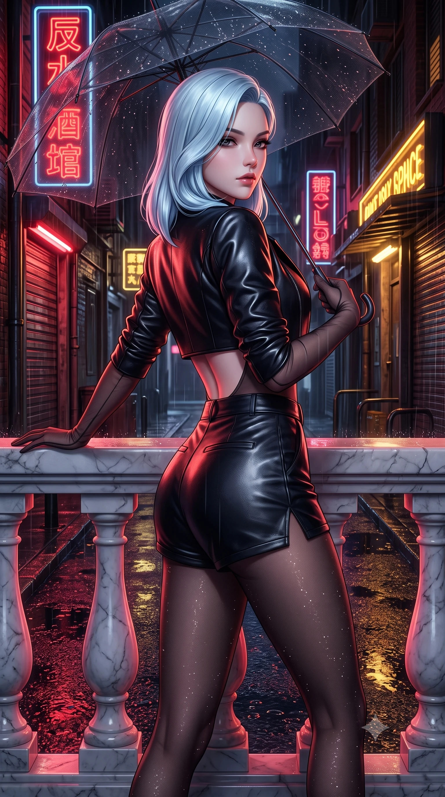 score_9, masterpiece, best quality, ultra-detailed, high-budget anime keyframe, semi-realistic 3D game render, editorial fashion photography, tasteful artistic composition, Korean woman. close-up cowboy shot from the waist and thighs up, the character dominates the composition, filling the frame with her large presence. resting one elbow on the marble balustrade while arching her spine with dancer poise, her dark bedroom-eyes casting a magnetic sidelong glance while walking dynamically down the glistening wet asphalt alley beneath a translucent black umbrella, hips swaying gracefully in a captivating supermodel rhythm. The surrounding environment is rendered in vivid detail and crisp panoramic clarity. sharp rain droplet beads on the black vinyl umbrella, asphalt texture glisten, and neon glass tube clarity in deep focus. She has an exceptionally elegant, slender, and willowy female figure with an ultra-slim waist, flat toned midriff, narrow ribcage, and sculpted feminine hips creating an alluring, slim hourglass silhouette without bulk. sharp v-shaped jawline, high-bridge nose, intricate jewel-like dark sparkling eyes with dangerous depth, thick curled eyelashes, glossy parted lips with a rich wine sheen, smoldering seductive half-smile with bedroom-eyes, exuding effortless superiority and intoxicating dark allure, flawlessly proportioned anatomical accuracy, strict slender model proportions, natural body alignment, perfectly sculpted long slender limbs, ultra-slim waistline, clean dynamic posture without body distortion. wearing a chic cropped lambskin leather bolero jacket paired with high-waisted leather micro-shorts and sheer black hosiery in pure obsidian monochrome with subtle metallic sheen, woven from metallic lurex thread casting subtle starlight glints across the fabric, complemented by sheer dark opera gloves reaching past her elbows, the precision-cut side openings and low-back scoop framing her graceful spine and the sensual sweep of her slim, toned hips. bathed in intense saturated crimson and warm gold neon underlights contrasting with dark rain-soaked shadow tones. highly saturated vibrant anime colors, detailed shading with soft gradients, rich glossy textures, high-contrast stereoscopic depth, volumetric dynamic lighting, master piece, 9:16 ratio