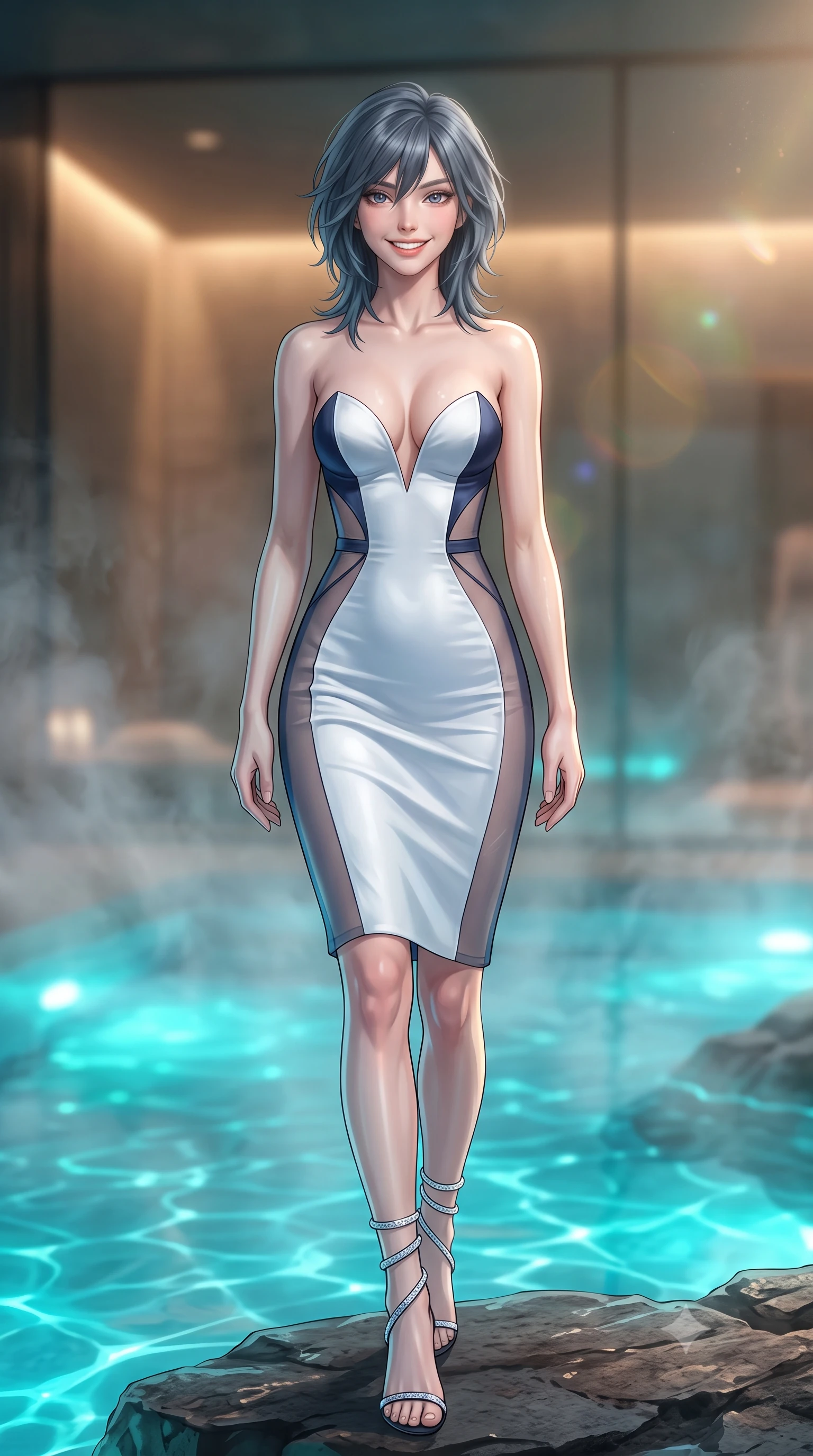 score_9, masterpiece, best quality, ultra-detailed, high-budget anime keyframe, editorial fashion photography, tasteful artistic composition, Caucasian woman. low angle full-body shot from head to toe showing her feet, filling the entire 9:16 vertical frame with her statuesque presence, stretching her vertical silhouette. stepping slowly toward the camera with hypnotic grace, hips swaying in an alluring sensual rhythm that accentuates her curvy hourglass silhouette and long slender legs while twisting her slender torso in an alluring contrapposto stance on the lava rock ledge, glowing cyan water caustics wrapping around her flat midriff and hips. The background shows a soft-focus rising mineral silica steam softened in ultra-luxury Nordic wellness sanctuary shallow focus. She has an exceptionally tall and slender model-like 8.5-heads proportion, an ultra-slim waist, a flat toned midriff, narrow delicate ribcage, and beautifully sculpted feminine hips creating a graceful, slim hourglass silhouette without any bulky heaviness, with impossibly long slender legs. sharp v-shaped jawline, high-bridge nose, intricate jewel-like sparkling eyes with depth, thick eyelashes, glossy parted lips with a natural peach sheen, bright cheerful beaming smile with an enchanting and coquettish sensual glint, exuding both youthful cute charm and seductive allure, flawlessly proportioned anatomical accuracy, strict slender model proportions, natural body alignment, perfectly sculpted long slender limbs, ultra-slim waistline, clean dynamic posture without body distortion. wearing an alluring plunging sweetheart bustier dress with sheer mesh side-waist cutouts contouring her ribs in Mount Fuji snow-peak white and midnight indigo silk, featuring strategic sheer-illusion tulle side panels framing her ribcage and hips, complemented by strappy stiletto sandals with crystal ankle wraps accentuating her slender calves, the second-skin tailored fabric adhering flawlessly to her sculpted flat midriff and slender torso, emphasizing her long leg lines and perfectly proportioned willowy build. bathed in underwater pool turquoise-cyan LEDs combined with soft warm 2700K interior cove lighting through glass. ultra-reflective glossy finish, specular highlights, rich textural contrasts, high-contrast stereoscopic depth, volumetric dynamic lighting, 2k, ultra detail, master piece, 9:16 ratio