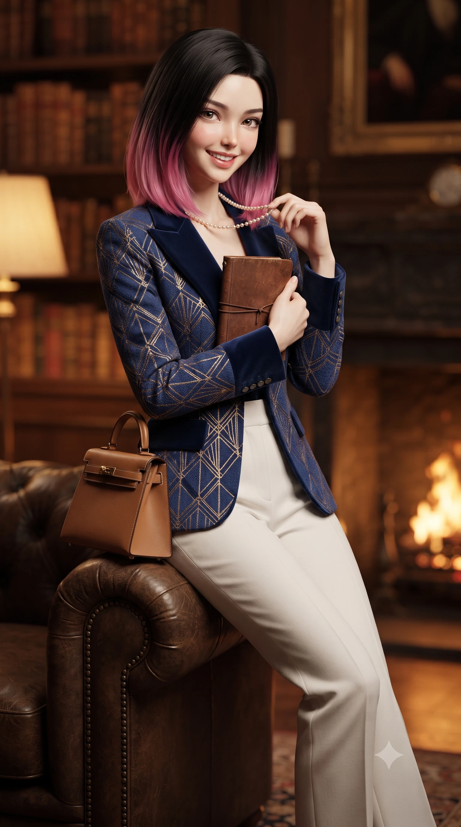 score_9, masterpiece, best quality, ultra-detailed, high-budget anime keyframe, editorial fashion photography, tasteful artistic composition, Korean woman. close-up cowboy shot from the waist and thighs up, the character dominates the composition, filling the frame with her large presence. holding a leather notebook close to her chest with both arms, smiling delightfully with youthful scholarly grace while perched sideways on the arm of the leather sofa, one hand toyed playfully with her pearl necklace as she glances toward the viewer. The background shows a soft-focus shelves of leather-bound club registers softened in exclusive Mayfair sanctuary shallow focus. She has an exceptionally elegant, slender, and willowy female figure with an ultra-slim waist, flat toned midriff, narrow ribcage, and sculpted feminine hips creating an alluring, slim hourglass silhouette without bulk. sharp v-shaped jawline, high-bridge nose, intricate jewel-like sparkling eyes with depth, thick eyelashes, glossy parted lips with a natural peach sheen, bright cheerful beaming smile with an enchanting and coquettish sensual glint, exuding both youthful cute charm and seductive allure, flawlessly proportioned anatomical accuracy, strict slender model proportions, natural body alignment, perfectly sculpted long slender limbs, ultra-slim waistline, clean dynamic posture without body distortion. wearing a retro Art Deco embroidered wool blazer with velvet lapels paired with high-waisted pressed trousers in Swiss alpine snow white and oat cashmere, crafted from fluid mulberry silk twill with an understated lustrous pearl finish, finished with a structured leather top-handle mini bag resting gracefully at her side, the expertly draped wool fabric falling in crisp fluid lines along her tall 8.5-heads silhouette, celebrating her slender frame without excess fabric bulk. bathed in the rich, dancing warm 2400K hearth glow from the roaring fireplace mixed with soft brass floor lamp pools. ultra-reflective glossy finish, specular highlights, rich textural contrasts, high-contrast stereoscopic depth, volumetric dynamic lighting, 2k, ultra detail, master piece, 9:16 ratio
