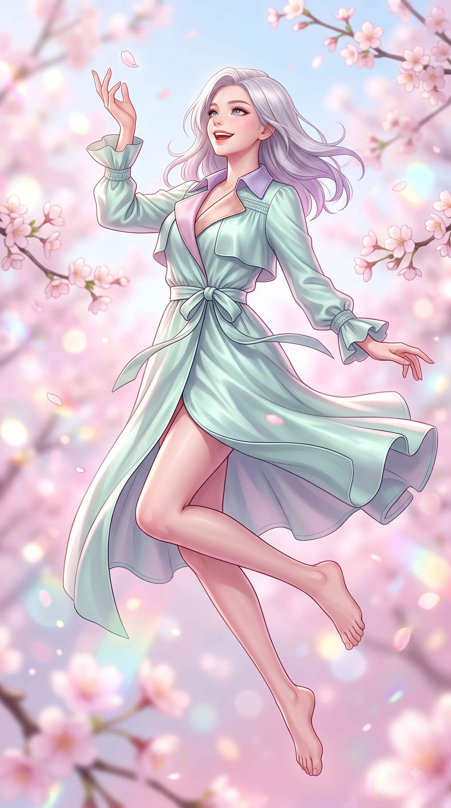 score_9, masterpiece, best quality, ultra-detailed, high-budget anime keyframe, editorial fashion photography, tasteful artistic composition, Caucasian woman. low angle full-body shot from head to toe showing her feet, filling the entire 9:16 vertical frame with her statuesque presence, stretching her vertical silhouette. leaping with pure youthful energy through the scene with a radiant bright smile, her long slender legs balanced gracefully while reaching her hand up playfully to catch a floating blossom petal with a joyful expression. The composition keeps background elements in soft focus with dreamy bokeh. pastel spring sky refractions and flower branches blurred in smooth creamy depth. She has an absolutely perfect, statuesque 8.5-heads proportion, an exceptionally tall and slender model-like female figure with impossibly long slender legs and an ultra-slim waist. sharp v-shaped jawline, high-bridge nose, intricate jewel-like eyes with depth, thick eyelashes, glossy lips with a natural sheen, flawlessly proportioned anatomical accuracy, natural body alignment, perfectly sculpted elegant limbs, clean dynamic posture without body distortion. wearing a stylish pastel mint trench dress with a tied belt waist and folded collar in pastel lilac and soft rose gold, crafted from smooth fluid silk satin, accented with soft smocked details and fluttery cuffs, the soft airy drape swaying gracefully with her dynamic movements. illuminated by soft glowing pink ambient light and clear sky refractions. highly saturated vibrant anime colors, detailed shading with soft gradients, rich glossy textures, high-contrast stereoscopic depth, volumetric dynamic lighting, master piece, 9:16 ratio