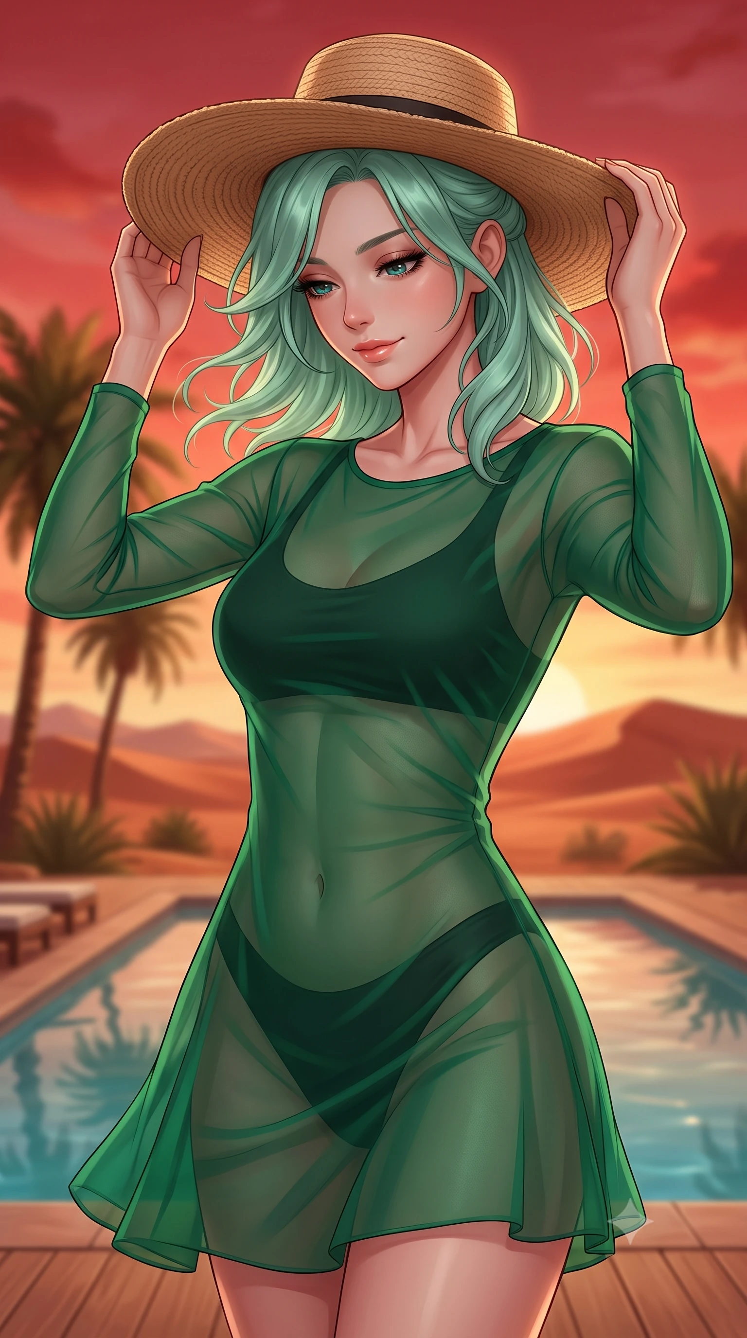 score_9, masterpiece, best quality, ultra-detailed, high-budget anime keyframe, editorial fashion photography, tasteful artistic composition, Japanese woman woman. close-up cowboy shot from the waist and thighs up, the character dominates the composition, filling the frame with her large presence, background elements kept in soft focus. holding a wide-brimmed straw hat with both hands against the breeze, looking down with a soft smile the background shows a soft-focus a pool deck of a luxury resort in a desert oasis, surrounded by palm trees and sand dunes. She has an exceptionally elegant, slender, and willowy female figure with an ultra-slim waist, a gracefully sculpted slender torso, and a refined silhouette. sharp v-shaped jawline, high-bridge nose, intricate jewel-like eyes with depth, thick eyelashes, glossy lips with a natural sheen. wearing a slim-fit sheer chiffon cover-up dress in emerald green, worn over a black swimsuit. the warm red and orange sunset sky casting a dramatic glow over the sands. 2k, ultra detail, master piece, 9:16 ratio