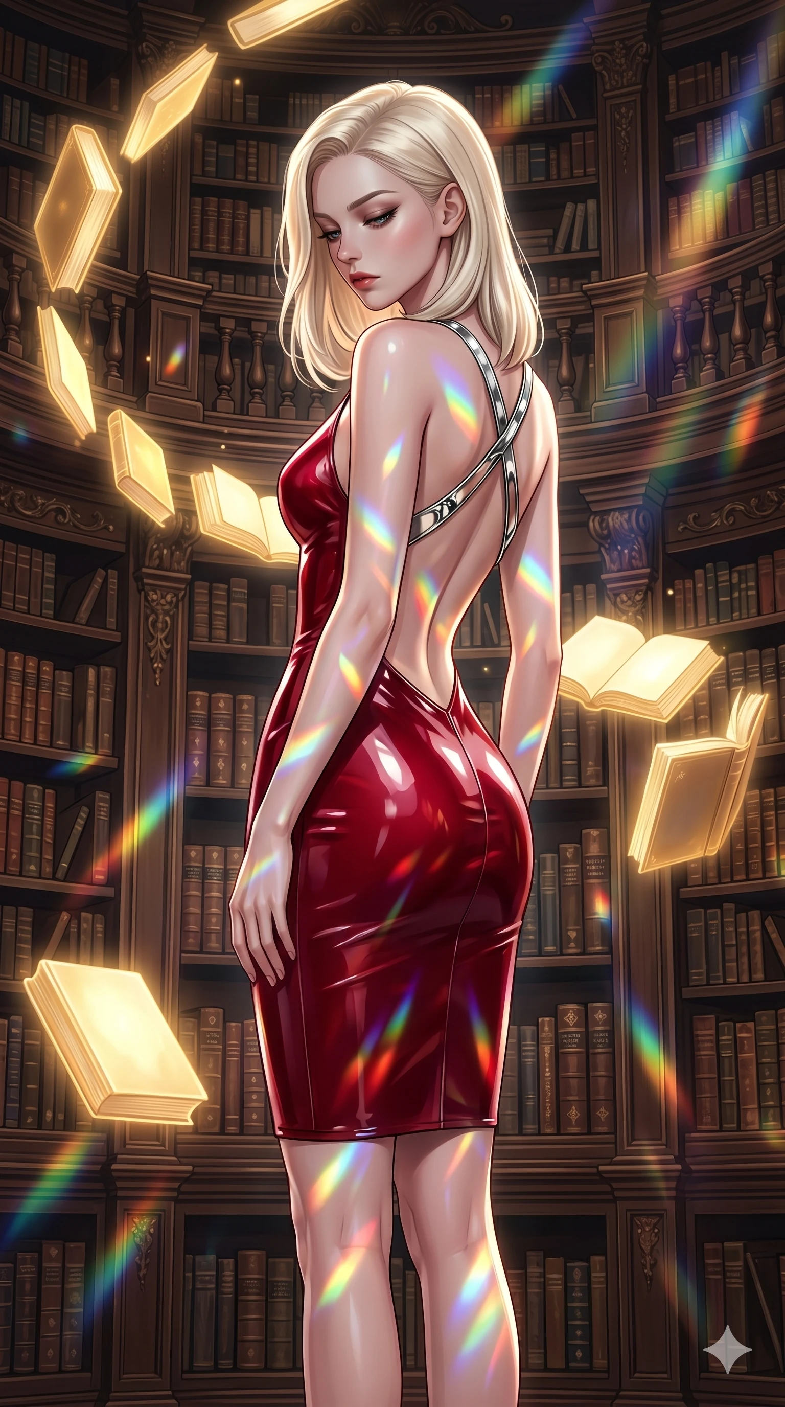 score_9, masterpiece, best quality, ultra-detailed, high-budget anime keyframe, editorial fashion photography, tasteful artistic composition, Caucasian woman, strictly human ears. cowboy shot from the thighs up, character and outfit filling the frame for maximum editorial presence. Looking down with lowered lashes and a composed, powerful expression amidst a baroque library where glowing golden books orbit in slow spiral patterns. She has an absolutely perfect 8-heads proportion, an exceptionally tall and slender female figure with impossibly long slender legs and an ultra-slim waist. V-shaped jawline, high-bridge nose, intricate jewel-like eyes with depth, thick eyelashes, glossy lips with a natural sheen. wearing a structured deep-cherry-red fashion-latex fitted dress with a clean architectural front and a dramatic open-back design with a single criss-cross strap in chrome across the bare back. lit by mirror-reflected prismatic spotlights creating geometric light patterns that play across her body. 2k, ultra detail, master piece, 9:16 ratio