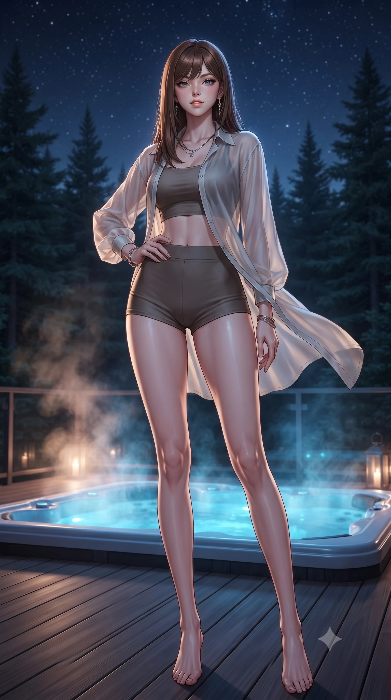 score_9, masterpiece, best quality, ultra-detailed, high-budget anime keyframe, editorial fashion photography, tasteful artistic composition, Korean woman woman. low angle full-body shot from head to toe showing her feet, filling the entire 9:16 vertical frame with her statuesque presence, stretching her vertical silhouette. posing confidently with one hand on her hip, stretching her statuesque body to emphasize her curves the background shows a soft-focus a terrace deck of a luxury villa with a private jacuzzi, overlooking a dark pine forest. She has an absolutely perfect, statuesque 8.5-heads proportion, an exceptionally tall and slender model-like female figure with impossibly long slender legs and an ultra-slim waist. sharp v-shaped jawline, high-bridge nose, intricate jewel-like eyes with depth, thick eyelashes, glossy lips with a natural sheen. wearing a slim-fit lightweight chiffon cover-up shirt worn open over a crop top and high-cut shorts. the warm steam rising into the cool night air, catch in the blue jacuzzi lights. ultra-reflective glossy finish, specular highlights, metallic sheen, high-contrast stereoscopic depth, volumetric dynamic lighting, 2k, ultra detail, master piece, 9:16 ratio