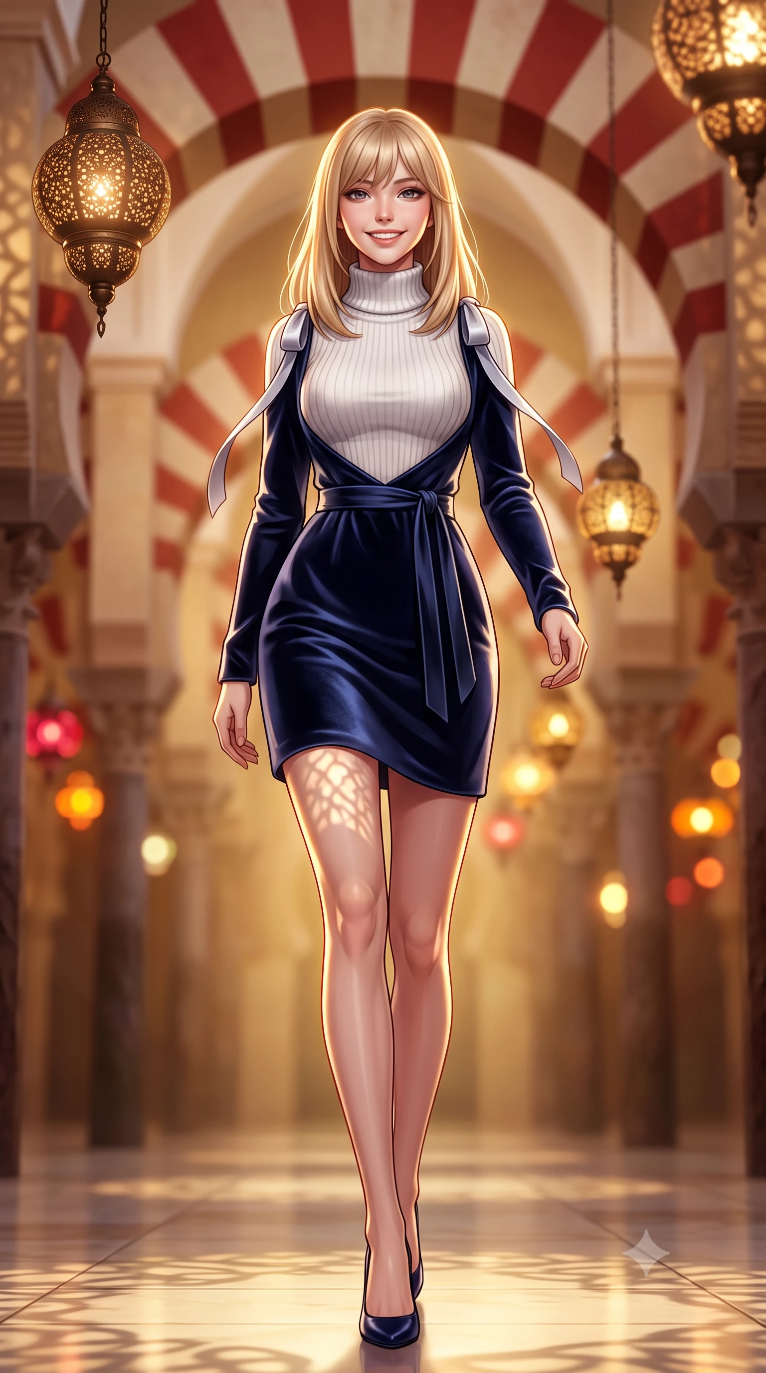 score_9, masterpiece, best quality, ultra-detailed, high-budget anime keyframe, semi-realistic 3D game render, editorial fashion photography, tasteful artistic composition, Japanese woman. low angle full-body shot from head to toe showing her feet, filling the entire 9:16 vertical frame with her statuesque presence, stretching her vertical silhouette. stepping forward in a confident stride, her long slender legs and curvaceous hips creating a dynamic, sweeping vertical line while twisting her slender torso in an alluring S-curve, hanging pierced bronze oil lamps casting lace-like shadow patterns across her flat midriff and hips. The background shows a soft-focus endless repeating red-and-white striped horseshoe arches extending into golden haze, hanging pierced oil lamps blurred into ruby, topaz, and amber bokeh. She has an exceptionally tall and slender model-like 8.5-heads proportion, an ultra-slim waist, a flat toned midriff, narrow delicate ribcage, and beautifully sculpted feminine hips creating a graceful, slim hourglass silhouette without any bulky heaviness, with impossibly long slender legs. sharp v-shaped jawline, high-bridge nose, intricate jewel-like sparkling eyes with depth, thick eyelashes, glossy parted lips with a natural peach sheen, bright cheerful beaming smile with an enchanting and coquettish sensual glint, exuding both youthful cute charm and seductive allure, flawlessly proportioned anatomical accuracy, strict slender model proportions, natural body alignment, perfectly sculpted long slender limbs, ultra-slim waistline, clean dynamic posture without body distortion. wearing an elegant high-neck Icelandic cashmere ribbed turtleneck coat dress with belted waistline in Mount Fuji snow-peak white and midnight indigo silk, tailored from ultra-plush silk velvet with rich tactile depth and deep shadow gradients, finished with satin ribbon ties at the shoulders fluttering in the gentle breeze, the bespoke structured tailoring following the natural line of her 8.5-heads silhouette with refined elegance. illuminated by polished stone floor bounce and sharp flame-gold rim lights defining her dewy collarbones, ultra-slim waist, and curvy hips. highly saturated vibrant anime colors, detailed shading with soft gradients, rich glossy textures, high-contrast stereoscopic depth, volumetric dynamic lighting, master piece, 9:16 ratio