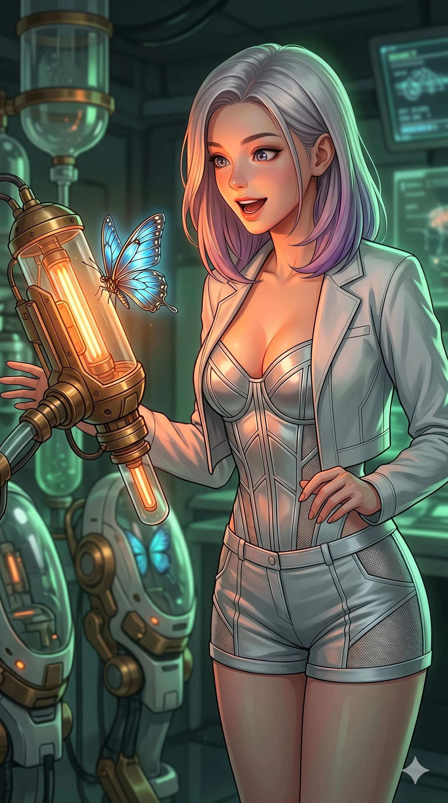 score_9, masterpiece, best quality, ultra-detailed, high-budget anime keyframe, editorial fashion photography, tasteful artistic composition, Caucasian woman, strictly human ears. Upper body close-up from the thighs up, character filling the screen for maximum presence. Standing next to a robotic butterfly incubator, watching a new butterfly hatch with a happy, excited expression. She is wearing a cropped lab jacket over a structured silver bodice and shorts. The scene is lit by the warm orange incubator lights and soft green ambient light. 2k, ultra detail, master piece, 9:16 ratio