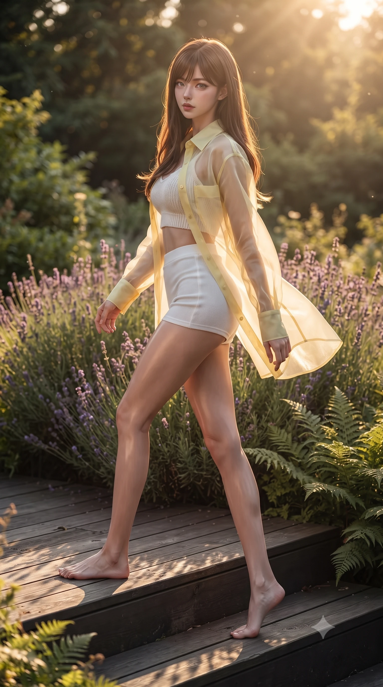 score_9, masterpiece, best quality, ultra-detailed, high-budget anime keyframe, editorial fashion photography, tasteful artistic composition, Korean woman. low angle full-body shot from head to toe showing her feet, filling the entire 9:16 vertical frame with her statuesque presence, stretching her vertical silhouette. stepping gracefully while looking back over her shoulder, her dress draped tightly to reveal her silhouette the background shows a soft-focus a private garden deck at a forest retreat, surrounded by wild lavender bushes. She has an absolutely perfect, statuesque 8.5-heads proportion, an exceptionally tall and slender model-like female figure with impossibly long slender legs and an ultra-slim waist. sharp v-shaped jawline, high-bridge nose, intricate jewel-like eyes with depth, thick eyelashes, glossy lips with a natural sheen. wearing a slim-fit sheer organza shirt in pale yellow worn open over a knit crop top and micro-shorts. soft golden afternoon sunbeams, casting a peaceful country glow. ultra-reflective glossy finish, specular highlights, metallic sheen, high-contrast stereoscopic depth, volumetric dynamic lighting, 2k, ultra detail, master piece, 9:16 ratio