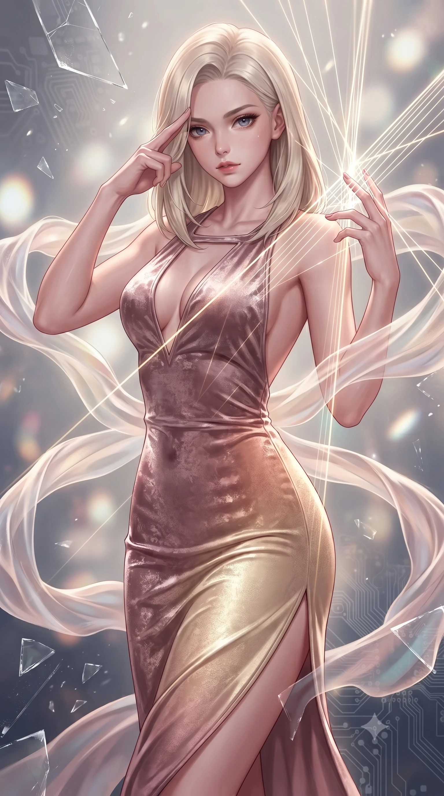 score_9, masterpiece, best quality, ultra-detailed, high-budget anime keyframe, editorial fashion photography, tasteful artistic composition, Caucasian woman. close-up cowboy shot from the waist and thighs up, the character dominates the composition, filling the frame with her large presence, background elements kept in soft focus. Pressing two fingers to her temple in a composed thoughtful gesture with an air of magnetic charisma touching a cluster of luminescent filament threads casting brilliant lattice beams, translucent silk ribbons swirling around her body like light streams. She has an exceptionally elegant, slender, and willowy female figure with an ultra-slim waist, a gracefully sculpted slender torso, and a refined silhouette. sharp v-shaped jawline, high-bridge nose, intricate jewel-like eyes with depth, thick eyelashes, glossy lips with a natural sheen. wearing a backless crushed velvet gown with a deep V-neckline and high thigh slit in dusty rose and champagne gold, crafted from lustrous satin jersey with fluid draping, accented with a Tasteful chest slit framing her clavicle gracefully, the form-contouring material highlighting her ultra-slim waist and long lines. bathed in sharp geometric laser grid highlights and soft ambient fill. highly saturated vibrant anime colors, detailed shading with soft gradients, rich glossy textures, high-contrast stereoscopic depth, volumetric dynamic lighting, master piece, 9:16 ratio