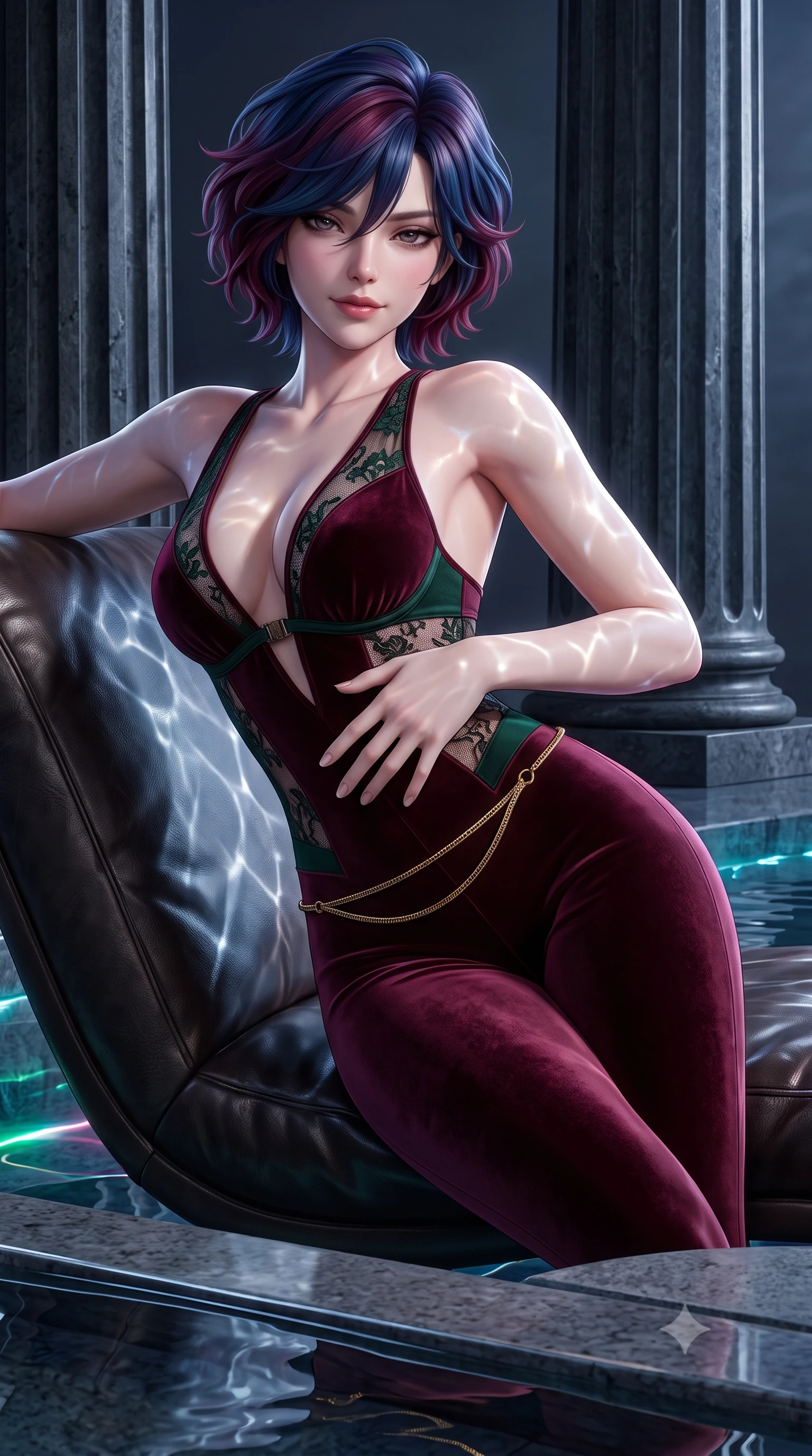score_9, masterpiece, best quality, ultra-detailed, high-budget anime keyframe, semi-realistic 3D game render, editorial fashion photography, tasteful artistic composition, Korean woman. close-up cowboy shot from the waist and thighs up, the character dominates the composition, filling the frame with her large presence. leaning back against the leather lounge with relaxed seductive grace, one hand resting on her flat midriff as her narrow waist and curvy hips command the frame while twisting her slender torso in an alluring S-curve, water caustics and moonlight playing across her narrow waist and rounded feminine hips. The surrounding environment is rendered in vivid detail and crisp panoramic clarity. sharp fluted basalt column textures, razor-thin water reflection surface tension, and smooth granite stone edges in deep focus. She has an exceptionally elegant, slender, and willowy female figure with an ultra-slim waist, flat toned midriff, narrow ribcage, and sculpted feminine hips creating an alluring, slim hourglass silhouette without bulk. sharp v-shaped jawline, high-bridge nose, intricate jewel-like dark sparkling eyes with dangerous depth, thick curled eyelashes, glossy parted lips with a rich wine sheen, smoldering seductive half-smile with bedroom-eyes, exuding effortless superiority and intoxicating dark allure, flawlessly proportioned anatomical accuracy, strict slender model proportions, natural body alignment, perfectly sculpted long slender limbs, ultra-slim waistline, clean dynamic posture without body distortion. wearing a second-skin dark burgundy stretch-velvet jumpsuit with a plunging neckline and open back in dark emerald green and brushed antique bronze, crafted from sheer delicate Chantilly lace with intricate gothic floral motifs, finished with a delicate gold snake chain belt resting loosely across her curvy hips, the precision-cut side openings and low-back scoop framing her graceful spine and the sensual sweep of her slim, toned hips. illuminated by subtle underwater fiber-optic perimeter lights and crisp platinum rim lighting sharply carving her slim torso, narrow waist, and curvy hips. highly saturated vibrant anime colors, detailed shading with soft gradients, rich glossy textures, high-contrast stereoscopic depth, volumetric dynamic lighting, master piece, 9:16 ratio