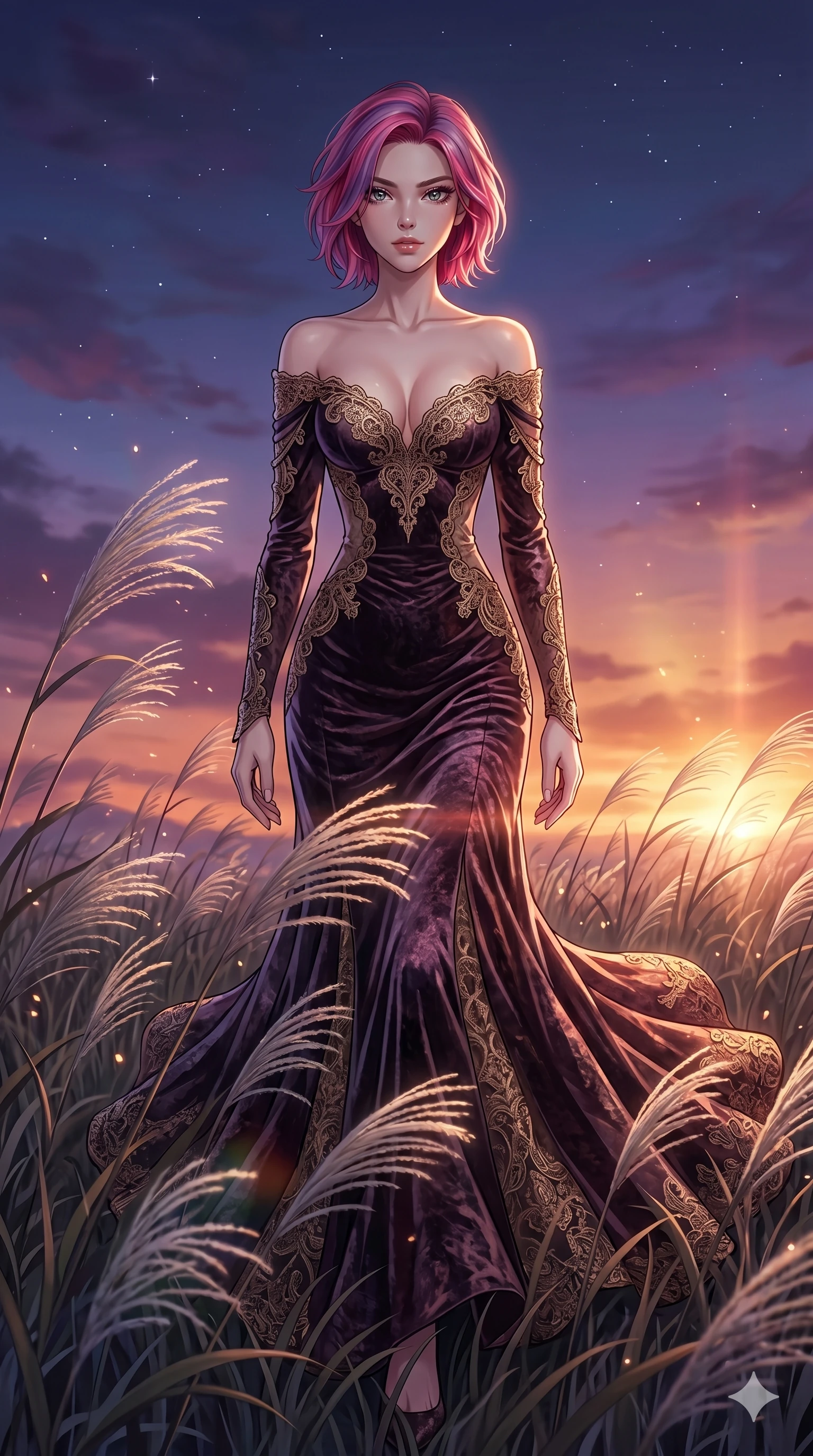 score_9, masterpiece, best quality, ultra-detailed, High-budget Anime Keyframe, East Asian woman. Dynamic full-body shot stretching the vertical silhouette to the limit. Scenario 28: Walking through a field of tall silver grass at twilight. Her presence is magnetic and overpowering in this high-budget anime scene. Outfit 28: A crushed dark velvet gold with a low-cut shoulder and delicate lace embroidery. The clothing is designed to emphasize her exceptionally tall and slender 8-heads proportion. 8-heads proportion, towering silhouette, ultra-slim waist. sharp v-shaped jawline, intricate jewel-like eyes with depth, thick eyelashes, glossy lips. 2k, ultra detail, master piece, 9:16 ratio