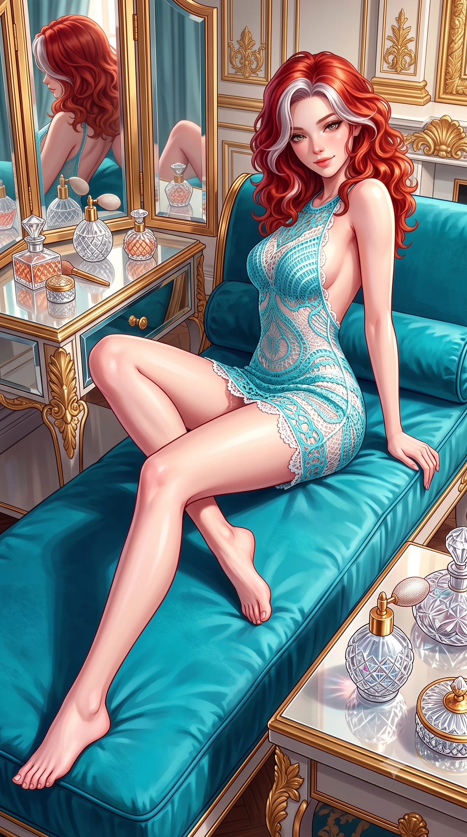 score_9, masterpiece, best quality, ultra-detailed, high-budget anime keyframe, semi-realistic 3D game render, editorial fashion photography, tasteful artistic composition, Caucasian woman. low angle full-body shot from head to toe showing her feet, filling the entire 9:16 vertical frame with her statuesque presence, stretching her vertical silhouette. reclining gracefully across the plush chaise lounge with one leg extended, her sculpted silhouette and flat midriff radiating magnetic nocturnal glamour while reclining across the plush velvet daybed with one leg drawn up, her long slender legs and flat midriff radiating intimate Parisian-Monégasque luxury. The surrounding environment is rendered in vivid detail and crisp panoramic clarity: sharp carved gilded wood leaf reliefs, bevelled mirror glass edges, and cut-crystal perfume atomizer facets in deep focus. She has an absolutely perfect, statuesque 8.5-heads proportion, an exceptionally tall and slender model-like female figure with impossibly long slender legs, an ultra-slim waist, a flat toned midriff, narrow delicate ribcage, and beautifully sculpted feminine hips creating a graceful, slim hourglass silhouette without any bulky heaviness. sharp v-shaped jawline, high-bridge nose, sparkling eyes with hypnotic seductive depth, thick curled eyelashes, glossy parted lips with a natural dewy peach sheen, alluring bedroom-eyes with an enchanting coquettish smile, exuding magnetic siren charisma and sophisticated glamour, flawlessly proportioned anatomical accuracy, strict slender model proportions, natural body alignment, perfectly sculpted long slender limbs, ultra-slim waistline, clean dynamic posture without body distortion. wearing a slinky crochet-lace knit resort mini dress with deep open-back scoop revealing her toned spine in Capri turquoise and pure pearl white, made of semi-opaque stretch illusion mesh with soft shadowy contours, finished with scalloped eyelash lace trim framing her sweetheart neckline with intimate elegance, the second-skin tailored fabric adhering flawlessly to her sculpted flat midriff and slender torso, emphasizing her long leg lines and perfectly proportioned willowy build. illuminated by trifold mirror reflection bounce and sharp rose-gold rim lights defining her jawline, flat midriff, and voluptuous hip curves. highly saturated vibrant anime colors, detailed shading with soft gradients, rich glossy textures, high-contrast stereoscopic depth, volumetric dynamic lighting, master piece, 9:16 ratio